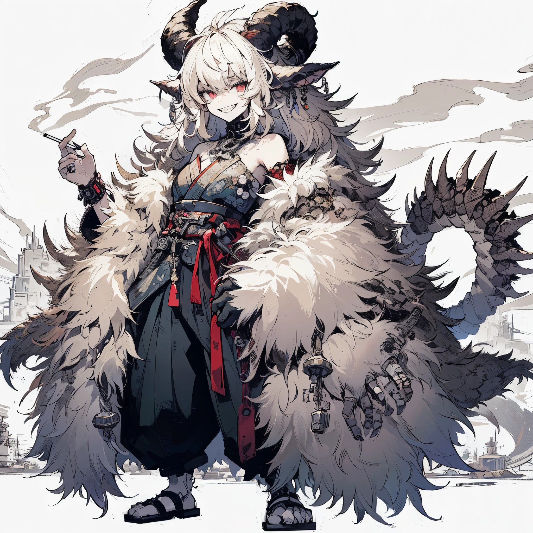 (Masterpiece, Top Quality), (Fine Hair), Ultra-Detailed, Anime Style, Solo, Full Length, Concept Art, cute cyberpunk beasty lady, massive, SMILING-JAGGED-TEETH, WHITE SHAGGY HAIR. wearing fur coat and cyber- KIMONO. smokes. cyber horned, wearing iron clogs, White background, standing full length, standing on wasted earth,