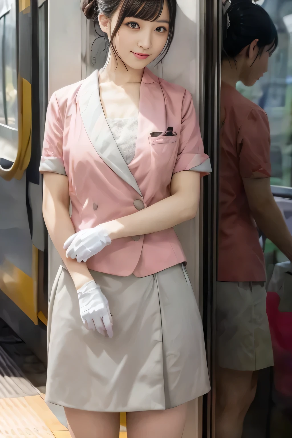 (masterpiece:1.2, highest quality:1.2), 32K HDR, High resolution, (alone、1 girl)、(At the station platform in the afternoon、Professional Lighting)、Background of an empty station platform、(Nankai train crew uniform pinkを着たリアルスタイル)、(Nankai train crew uniform pink short sleeve pink jacket、Nankai Train Crew Uniform Pink Collarless Short Sleeve Blouse、Nankai Train crew uniform pinkのグレー色のキュロットスカート)、Scarf around the neck、Dark brown hair、(Hair tied up、Hair Bun、Hair Bun)、Dark brown hair、Long Shot、Big Breasts、Thin legs、((Great hands:2.0)),((Harmonious body proportions:1.5)),((Normal limbs:2.0)),((Normal finger:2.0)),((Delicate eyes:2.0)),((Normal eyes:2.0)))、smile、(Nankai Train crew uniform pinkのグレー色のキュロットスカートを見せた美しい立ち姿)、Operating the door、I have nothing in my hands