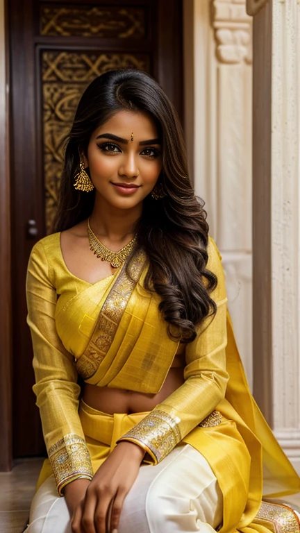 (high quality, masterpiece, HDR, 256K), (hyper-realistic, photorealism) 20 year old extremely beautiful Tamil girl, (intricate detailed extremely beautiful face, eyes, ears, nose, lips, textured skin), eyes symmetry, (bright smile). Sitting holding knees together in the Temple Entrance. Full Body. Wearing yellow Half Sari and white scuff blouse. Side View.