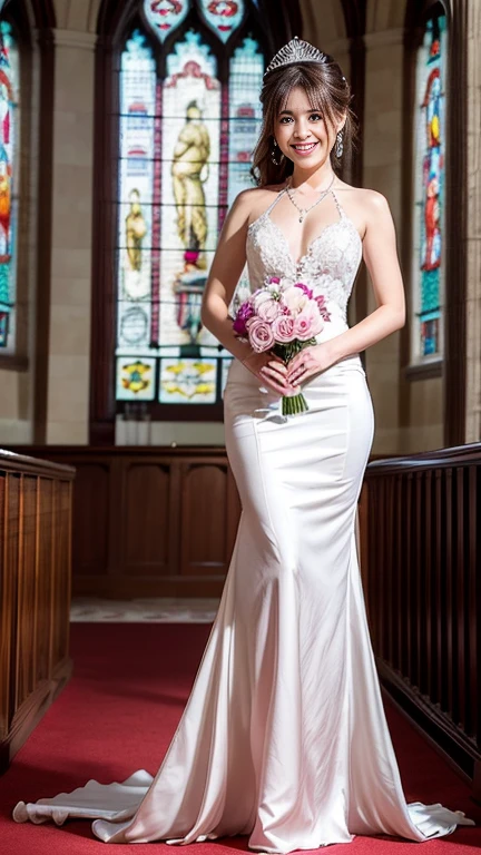highest quality, Realistic, Very detailed, finely, High resolution, 8k wallpaper, Beautiful woman,, Brown hair short ponytail, (silk wedding dresses), Perfect dynamic composition, finelyて美しい目, Ample breasts, Realistic , smile, Model Body Type、Earrings,garnet necklace,tiara,(Holding a bouquet),Beautiful feet,(Church with beautiful stained glass),Full Body Shot:1.3,Smile and laugh,