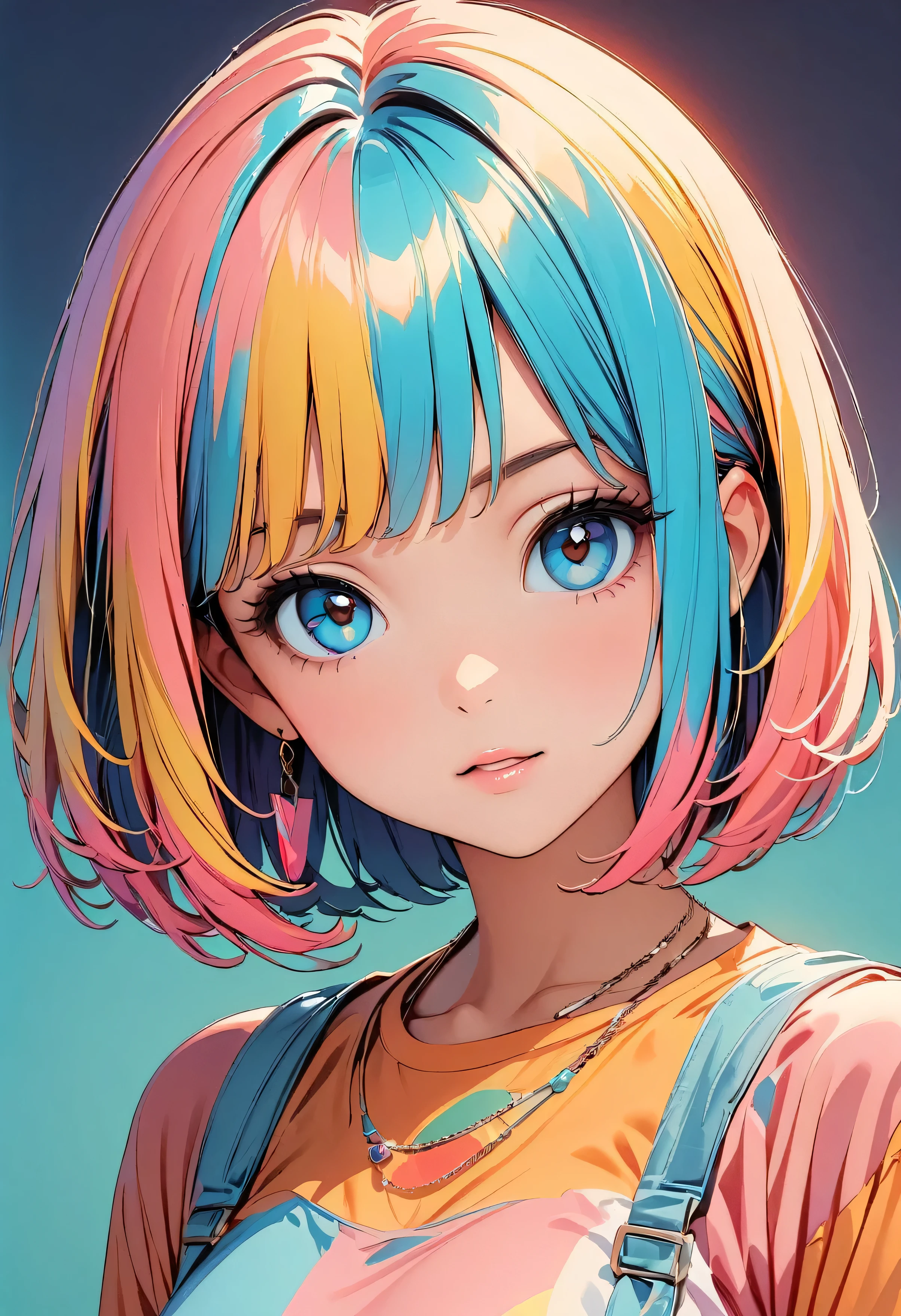 (highest quality:1.2, City Pop Style, Very detailed, up to date, Vibrant, High Contrast, masterpiece:1.2, highest quality, Best aesthetics), girl, ((Face Up Shot:1.4)), Colorful Hair, Bobcut, pastel colour, 1980s style, ((Retro, Vintage, Solid color background)), (sunglasses).