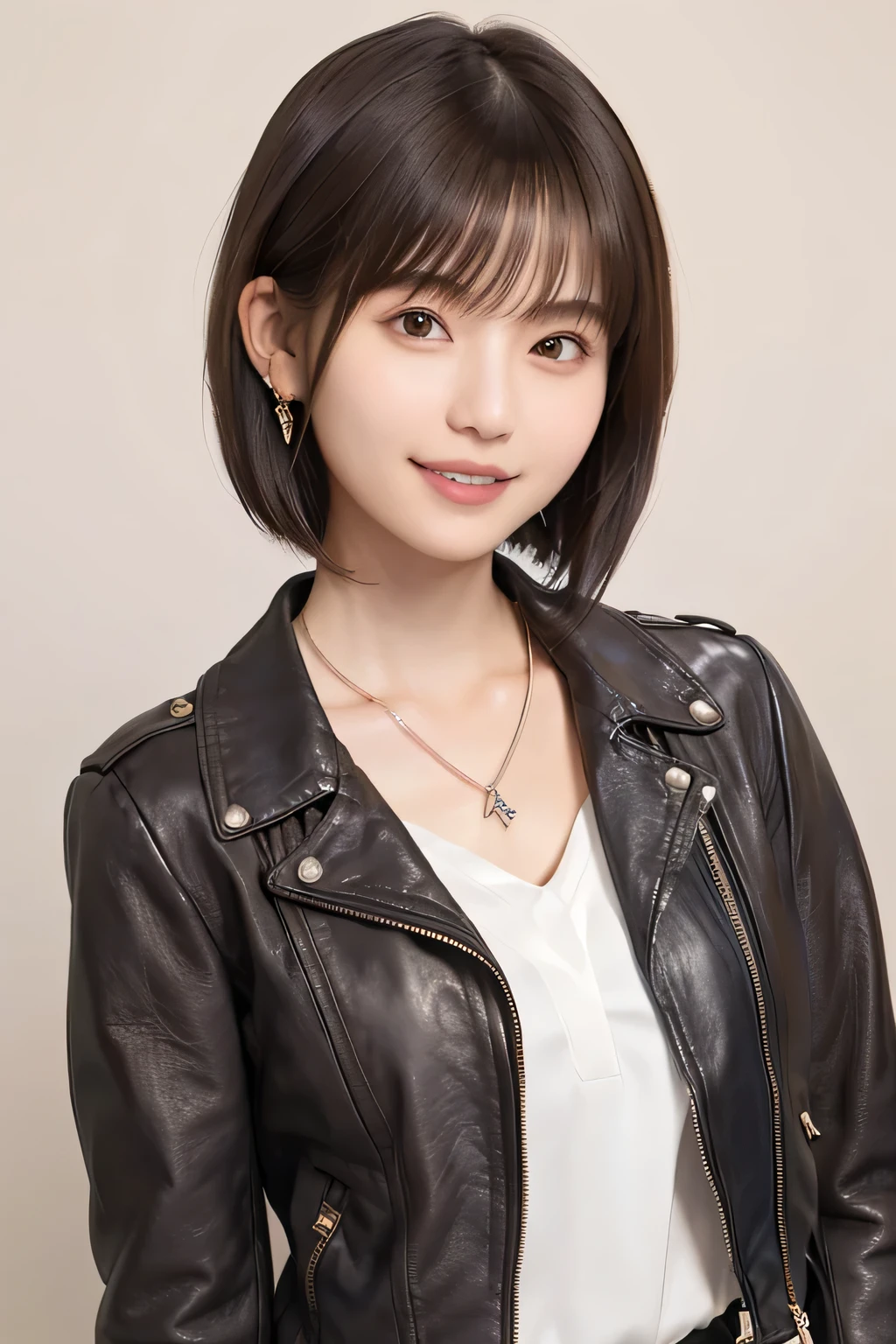 205 ((short hair)), 20-year-old female, Surrealism, Flower smile、Beautiful teeth alignment、Brown Hair、Ear piercing、Necklace around the neck、leather jacket、shirt、Shoulder Fashion