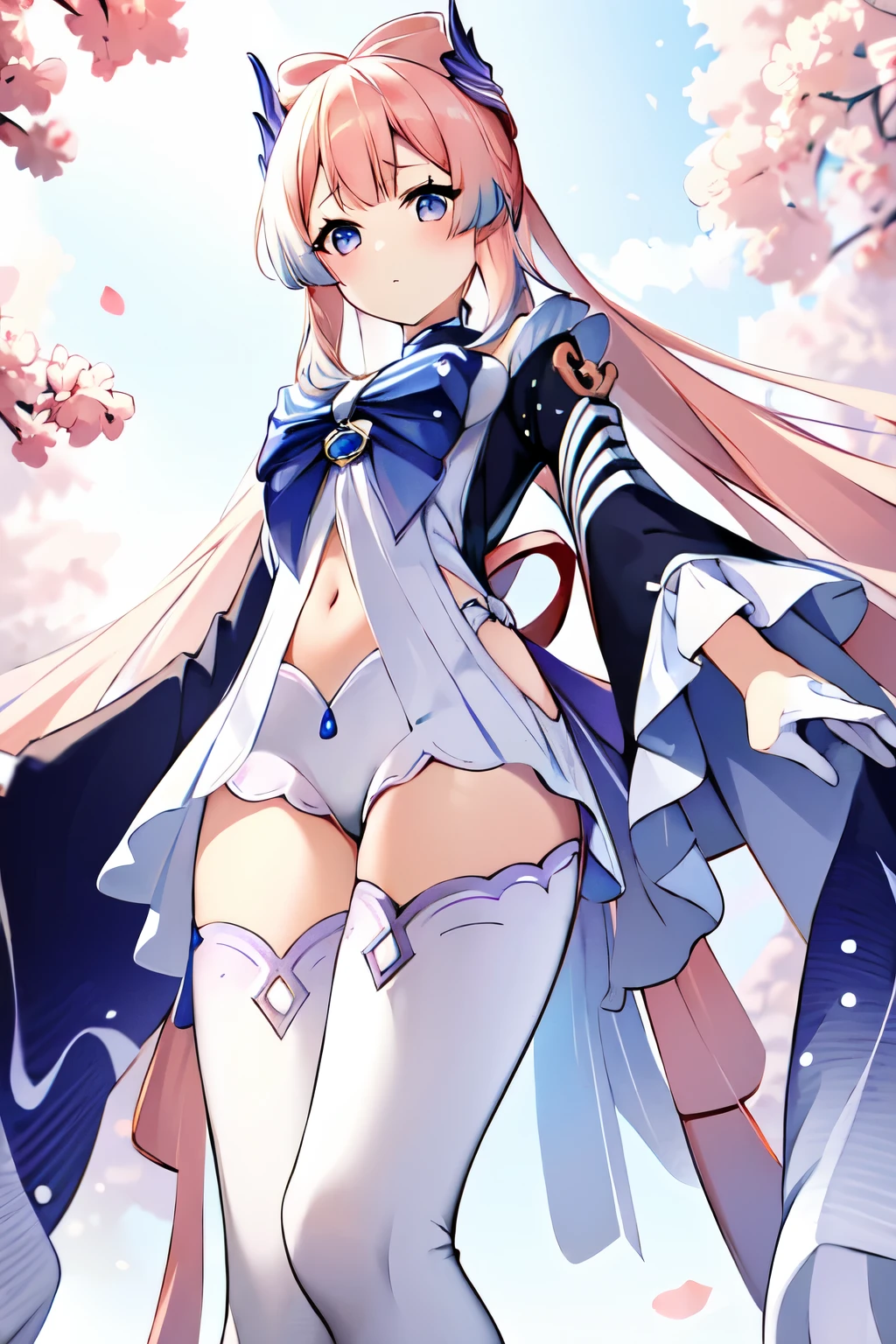 (masterpiece, best quality:1.2),insanely detailed,absurdres,ultra-highres,ultra-detailed,best quality, slender,kawaii,perfect symmetrical face,ultra cute girl,ultra cute face,ultra detailed eyes,ultra cute,ultra beautifu, sangonomiya kokomi,hair ornament,white pantyhose,white half gloves,frilled sleeves,bow-shaped hair,bow,detached collar,sandals,white panties,1girl,solo,wide sleeves,long hair,purple eyes, outdoors,standing,from below,