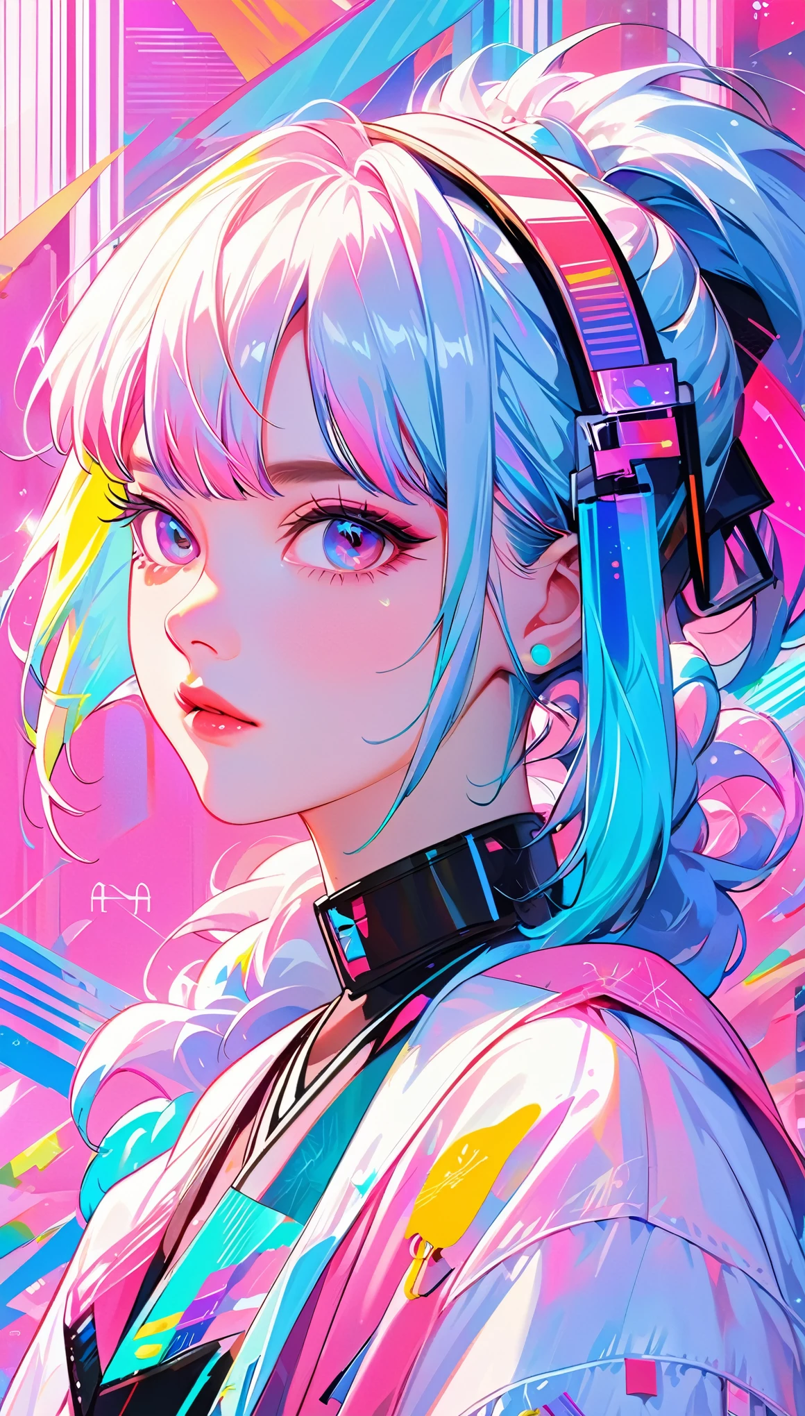 Close-up of person wearing headband, The Art of Mathematics inspired by Yanjun Cheng, Douban, The Art of Mathematics, Vibrant fan art, Portrait of Lofy, Gu Weisz style artwork, New Vaporwave, Color Numbers, Internet Aesthetics, K-Pop Idol Portraits, yanjun chengt, Digital Anime Illustration, nft portrait, Digital cyberpunk animation art.