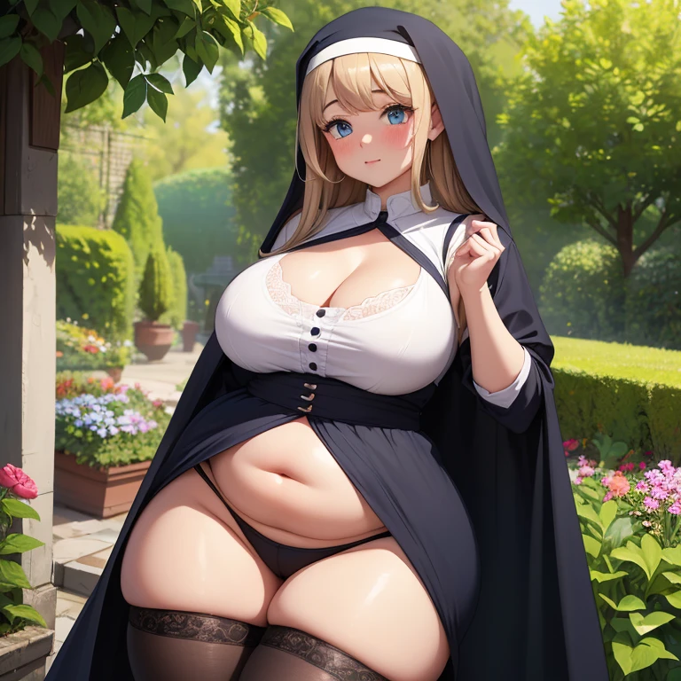 ((High resolution)), masterpiece, high quality, 最high quality, beautiful, Perfect lighting, Detailed face, Super cute face,, ((One girl)), ((alone)), Fluffy hair, Long Hair, blue eyes, ((blush)), Embarrassing, Nervous, shy, View Viewer, Nuns,Black tights, (Thick thighs), (Wide Hips), ((Chubby)), (Chubby belly), Cleavage, ((Big Breasts)), 20-year-old female, standing in a garden, (garden), Daytime,((chubby))