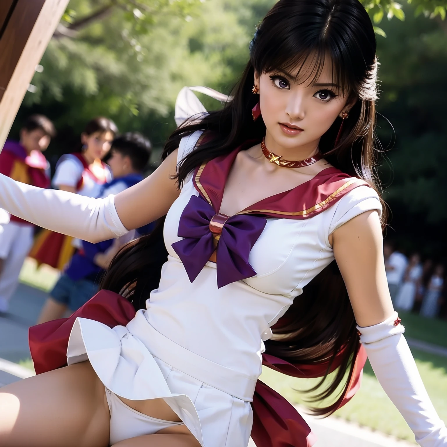 Keiko Kitagawa open thighs,white panties,shoot from below, (sailor mars, neck ribbon, long hair, circlet, jewelry, crescent earrings),