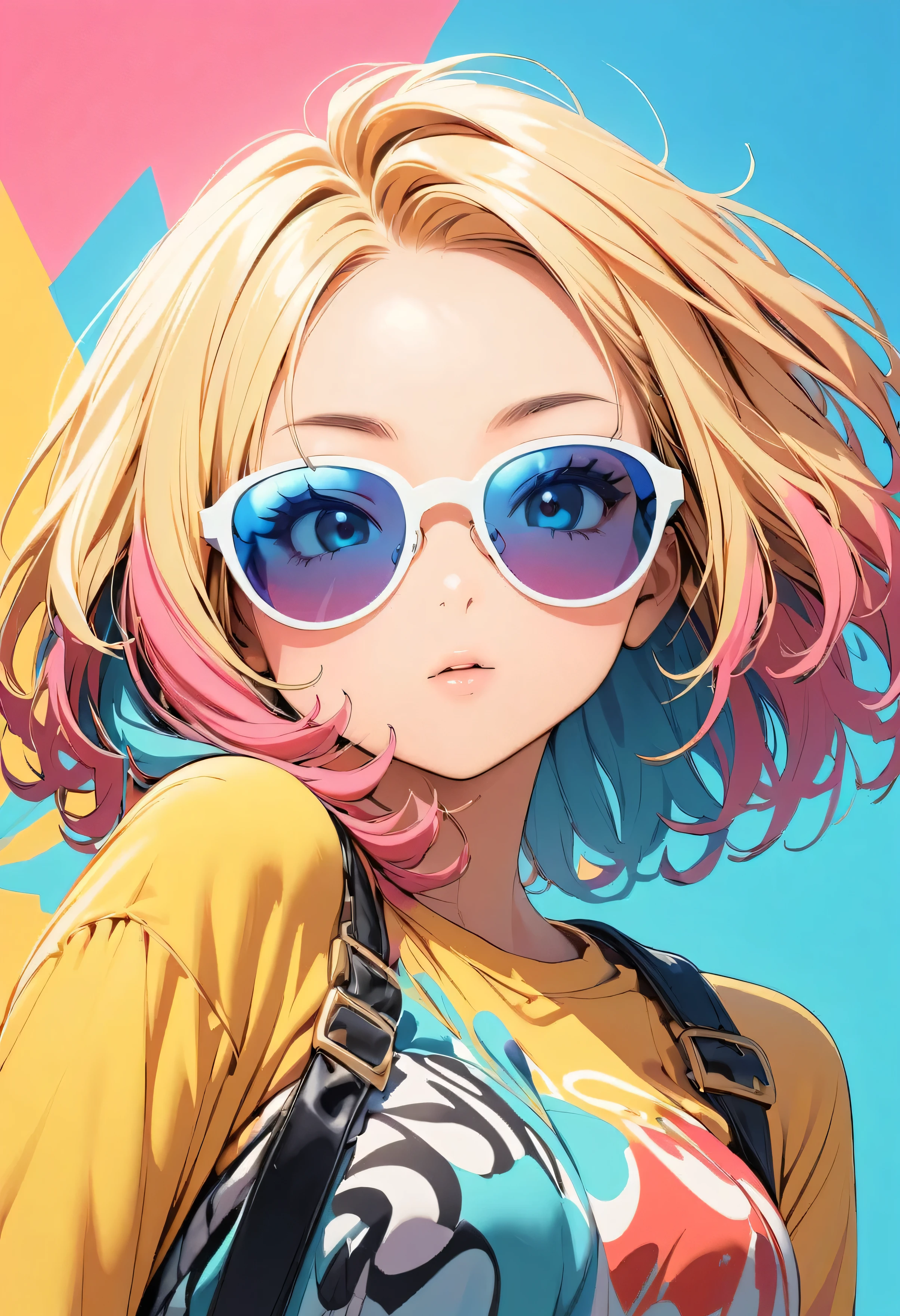 (highest quality:1.2, City Pop Style, Very detailed, up to date, Vibrant, High Contrast, masterpiece:1.2, highest quality, Best aesthetics), girl, ((Face Up Shot:1.4)), Colorful Hair, Bobcut, pastel colour, 1980s style, ((Retro, Vintage, Solid color background)), (sunglasses).