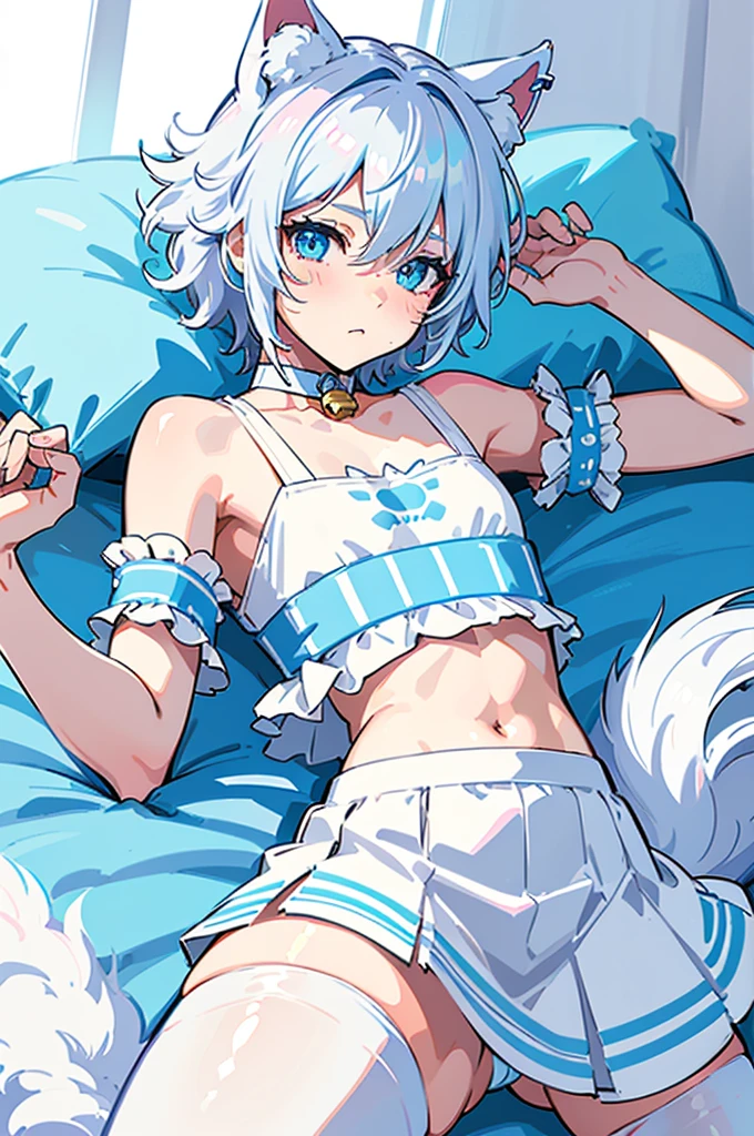 catboy, giant fluffy white cat ears, fluffy white cat tail, light blue eyes, messy white bed hair, 
cute, slim, twink, femboy,
wearing a cat collar with bell, light blue cropped off the shoulder shirt, light blue skirt with white stripes and white and blue striped thigh high socks, 
posing cutely, pastel background, 