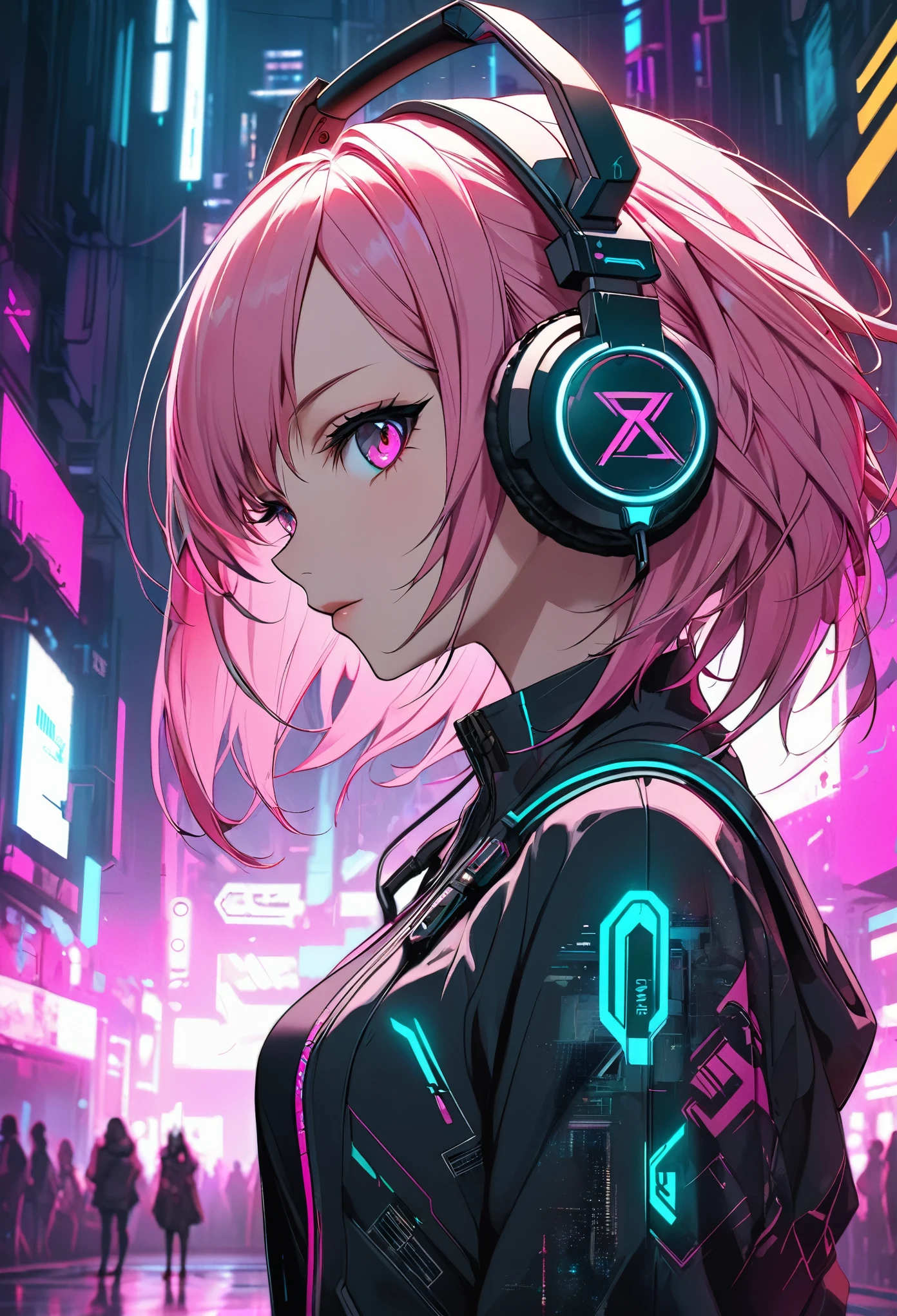 anime girl with pink hair and headphones in front of a neon background, cyberpunk anime girl, best anime 4k konachan wallpaper, digital cyberpunk anime art, anime cyberpunk art, digital cyberpunk - anime art, female cyberpunk anime girl, cyberpunk anime girl mech, anime style 4 k, perfect android girl, cyberpunk anime art, modern cyberpunk anime, anime cyberpunk, nightcore