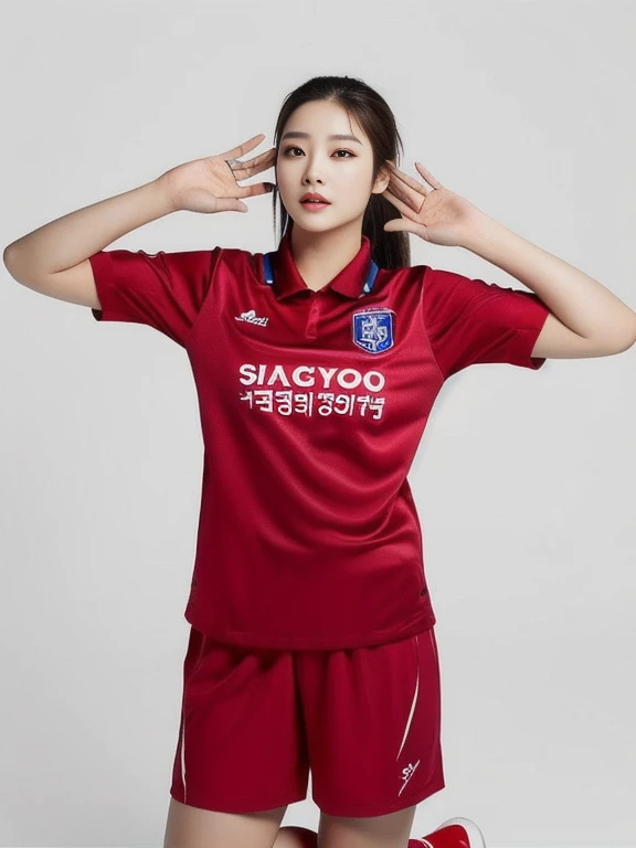 ภาพระยะใกล้ของผู้หญิงponytail, Korean symmetrical face, Woman wearing a volleyball shirt Expensive silk, dark black, Thai anime girl, Chest size 36 inches, beautiful south  ponytail,) long, Flowing hair, ponytail, beautiful young, bright and sparkling, beautiful south korean women, Tzuyu from two times, Jae Yeon Nam, Lee Ji Eun