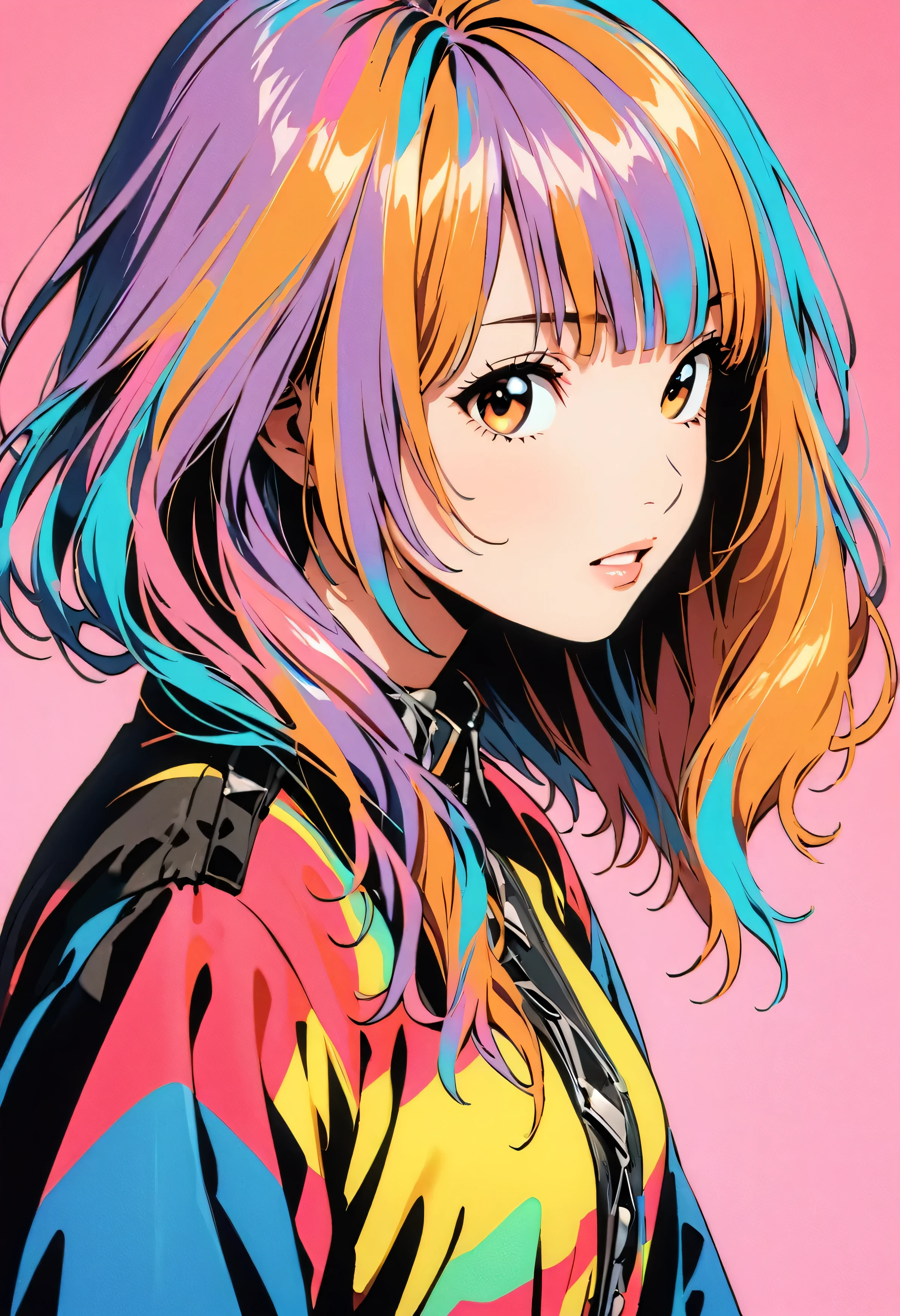 (highest quality:1.2, City Pop Style, Very detailed, up to date, Vibrant, High Contrast, masterpiece:1.2, highest quality, Best aesthetics), girl, ((Face Up Shot:1.4)), Colorful Hair, Bobcut, pastel colour, 1980s style, ((Retro, Vintage, Solid color background))