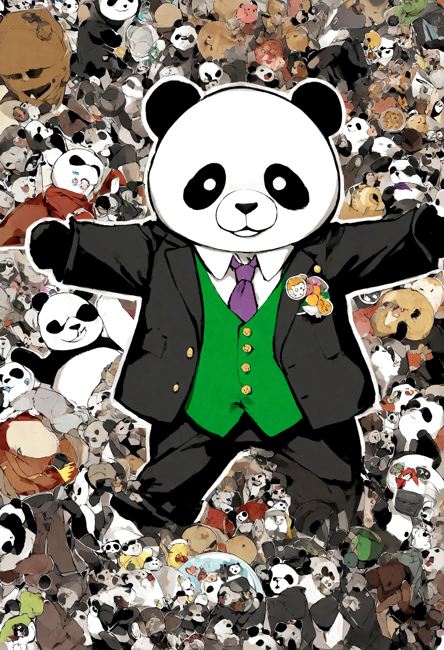 anthropomorphic panda, de cuerpo entero, vestido formalmente con un blazer, sostiene una bandeja, pegatina de panda, sticker de panda.
