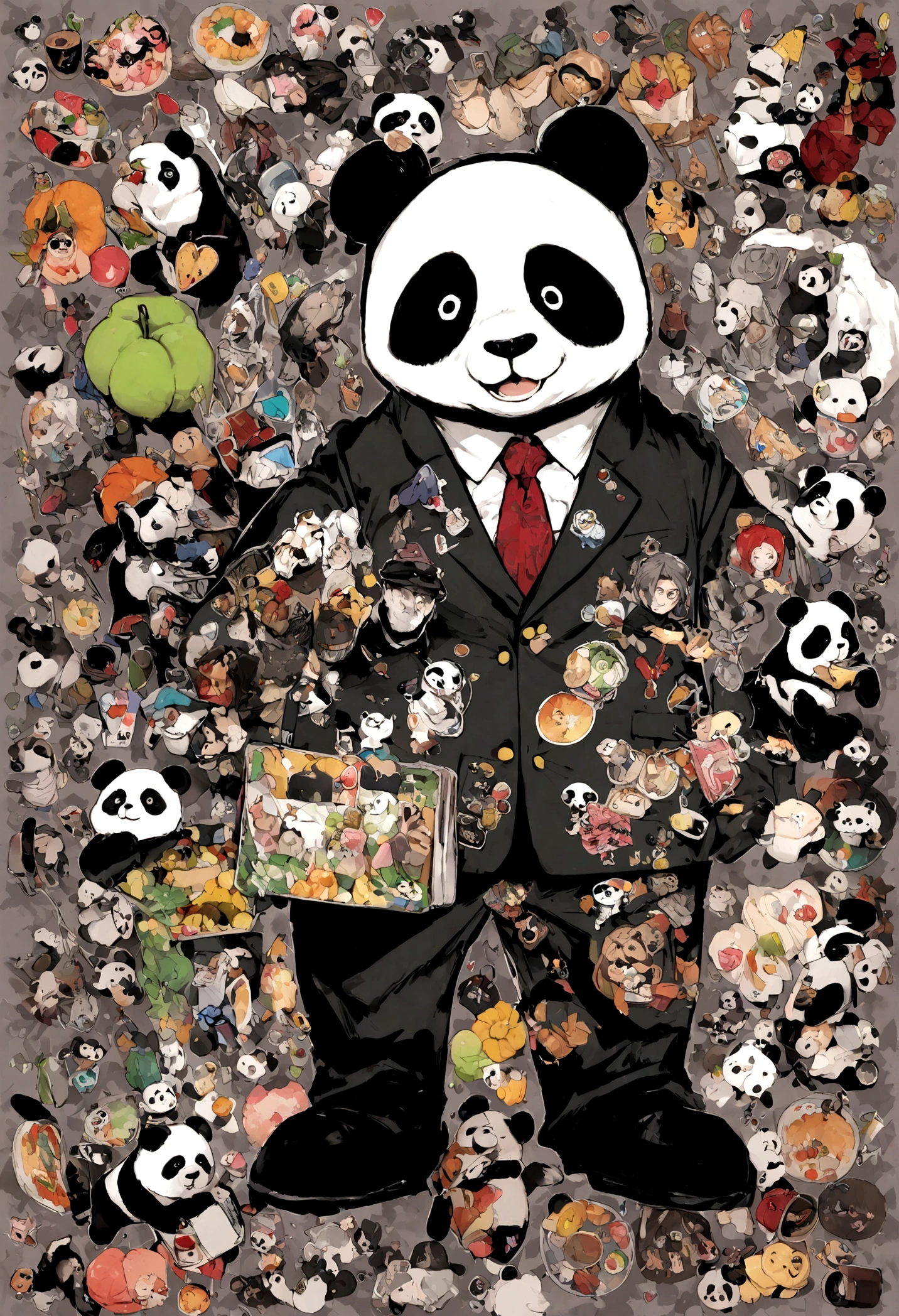 anthropomorphic panda, de cuerpo entero, vestido formalmente con un blazer, sostiene una bandeja, pegatina de panda, sticker de panda.