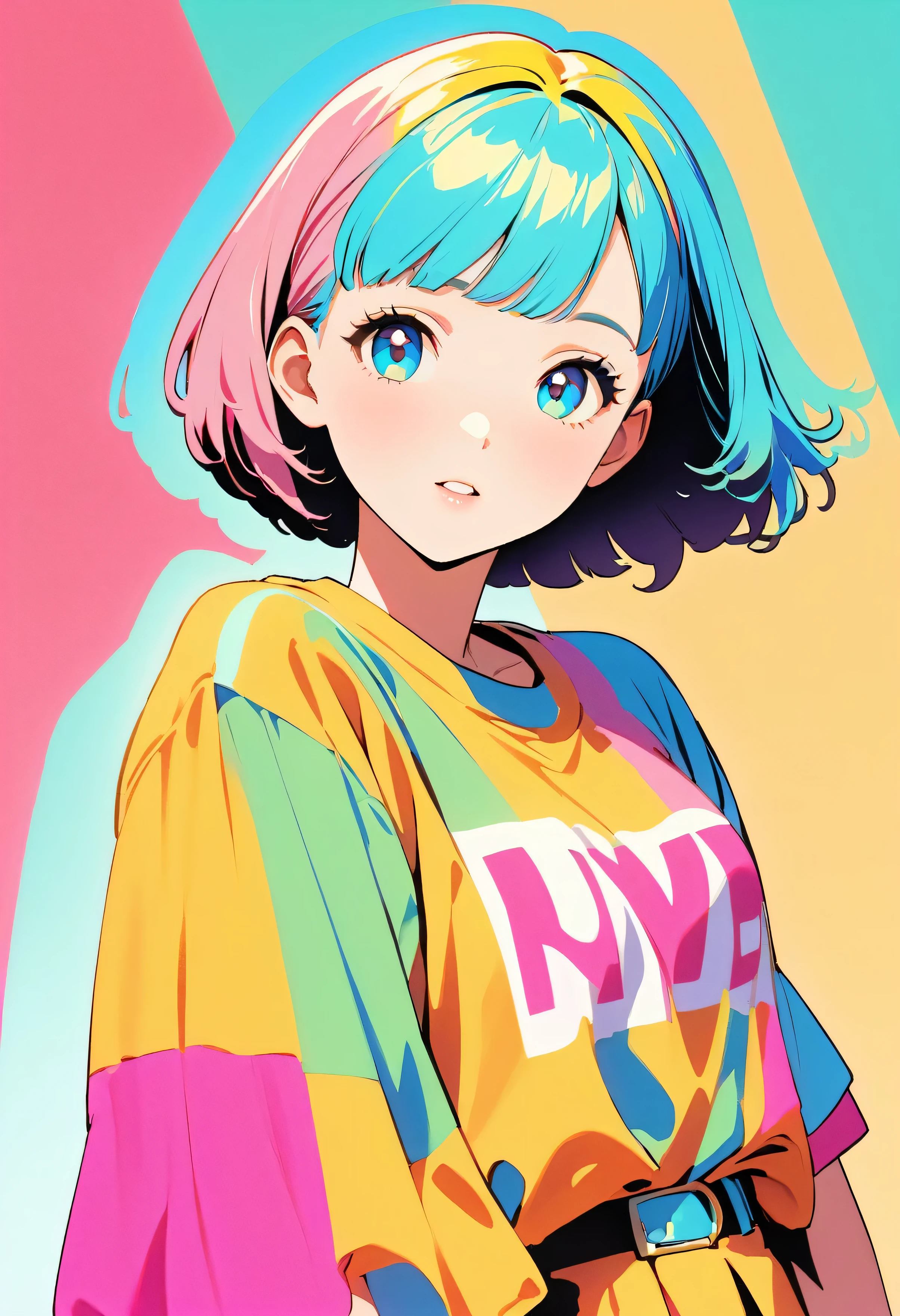 (highest quality:1.2, City Pop Style, Very detailed, up to date, Vibrant, High Contrast, masterpiece:1.2, highest quality, Best aesthetics), girl, ((Face Up Shot:1.4)), Colorful Hair, Bobcut, pastel colour, 1980s style, ((Retro, Vintage, Solid color background))