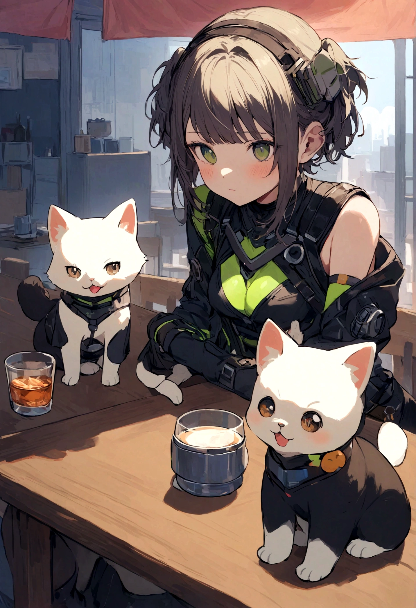 遊ぶ2匹のかわいいpuppy, Conhecido como puppy e gato cyberpunks, 白と茶色のpuppyとかわいいシャムCat, puppy, Dog Dog Dog , 子Cat, Cat, CatCatCat. They sat together at a table in the bar., Wear a futuristic cyberpunk outfit. They are cute in the style of 🍁 and 🍂, and、It's the cutest of all. 彼らは現実の犬とCatとして知られています. アートスタイルはかわいいCatアニメビジュアルです. information