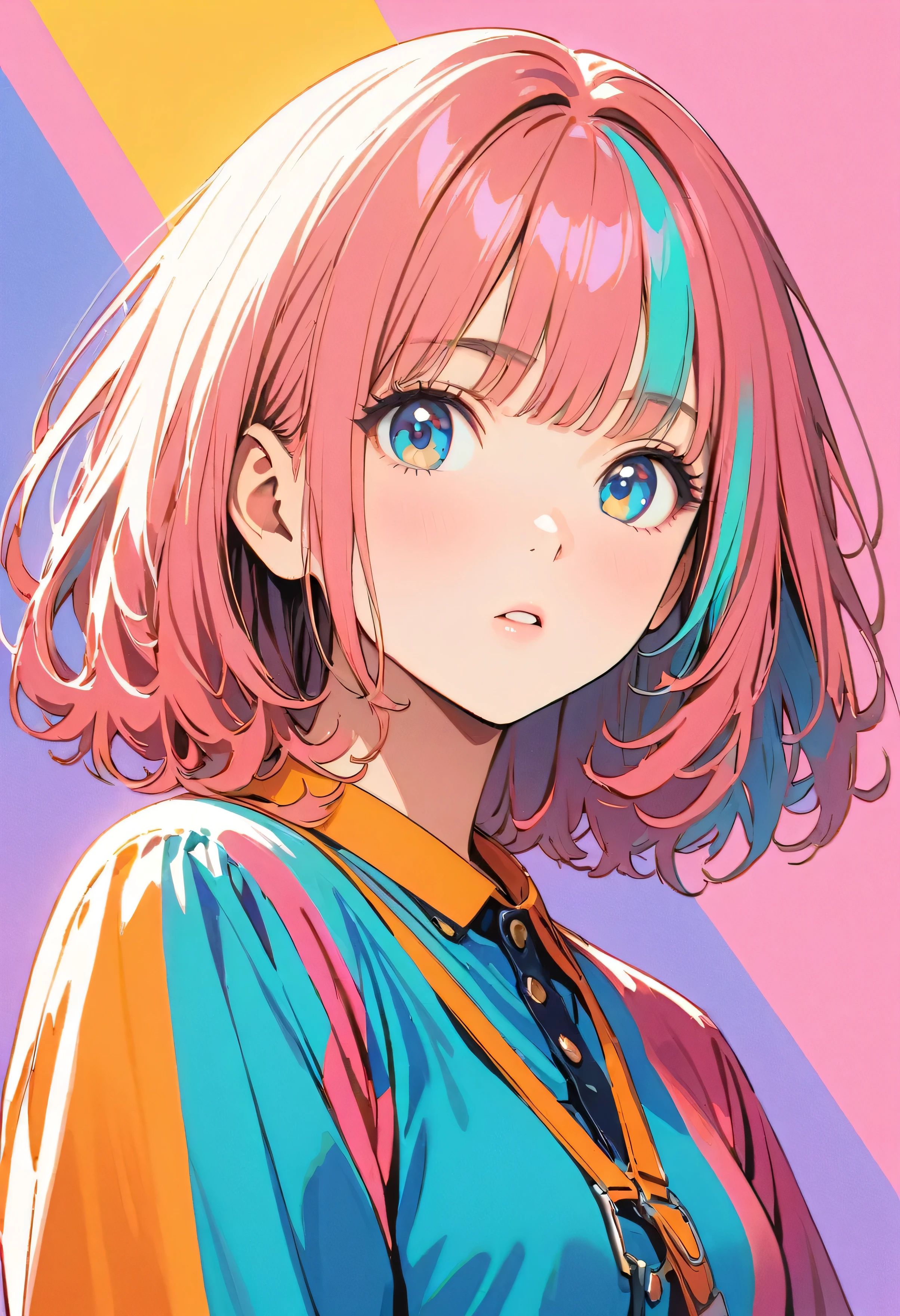 (highest quality:1.2, City Pop Style, Very detailed, up to date, Vibrant, High Contrast, masterpiece:1.2, highest quality, Best aesthetics), girl, ((Face Up Shot:1.4)), Colorful Hair, Bobcut, pastel colour, 1980s style, ((Retro, Vintage, Solid color background))