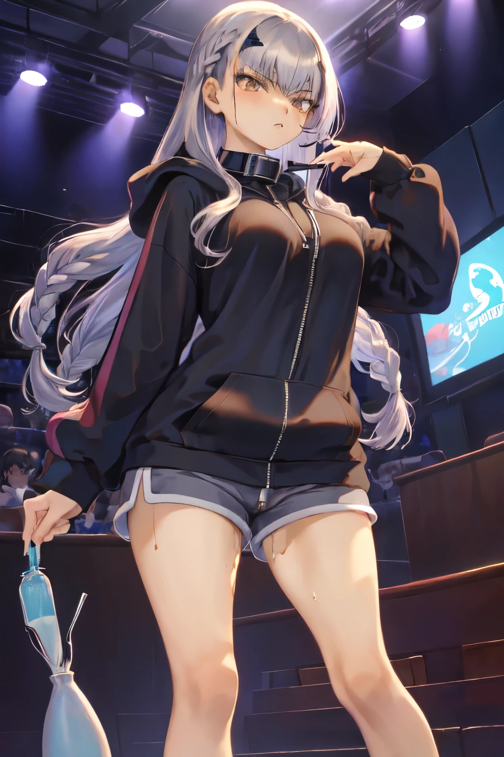 masterpiece, highest quality, (One girl,  Braiding, Large Breasts, Blue hoodie, Are standing, View Audience,Dolphin Shorts,),mashuu,mashuustyle,Melusine, (Brown eyes:1.5), Long Hair, ((Gray Hair)), Side Lock,((Pussy juice)),((Slave Collar))