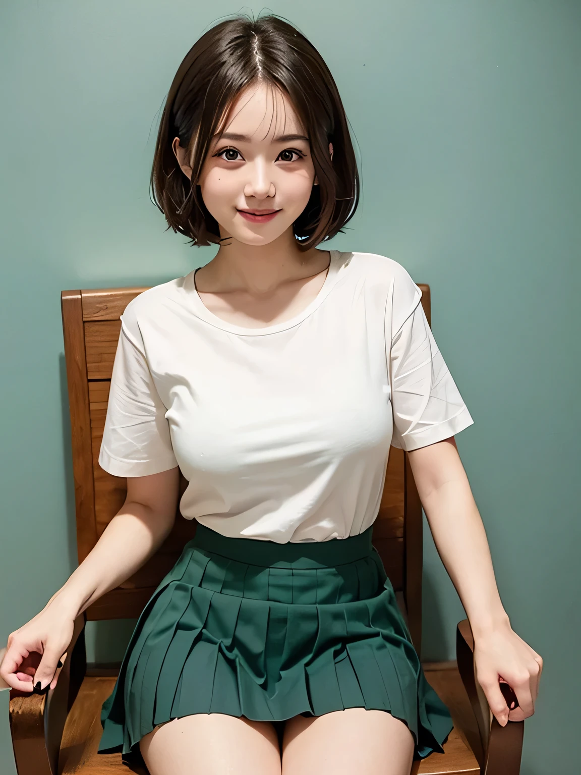 Shyness、smile、((Browsing Caution))、、((Camel Toe))、((Female organ:1.1))、(masterpiece, Best image quality:1.2), 8k, beautiful girl, (When I lifted up my short green skirt, I can see her lower body.、I can see your crotch:1.8)、Short sleeveのピンク色のシャツ、Cute Face、 Pink Hair、Body Shot、、 (Navy Pleated Skirt:1.1)、Thighs、Short sleeve、smile、Orange wall、Tucked up skirt、Sitting in a chair、Thighs are visible、sexy