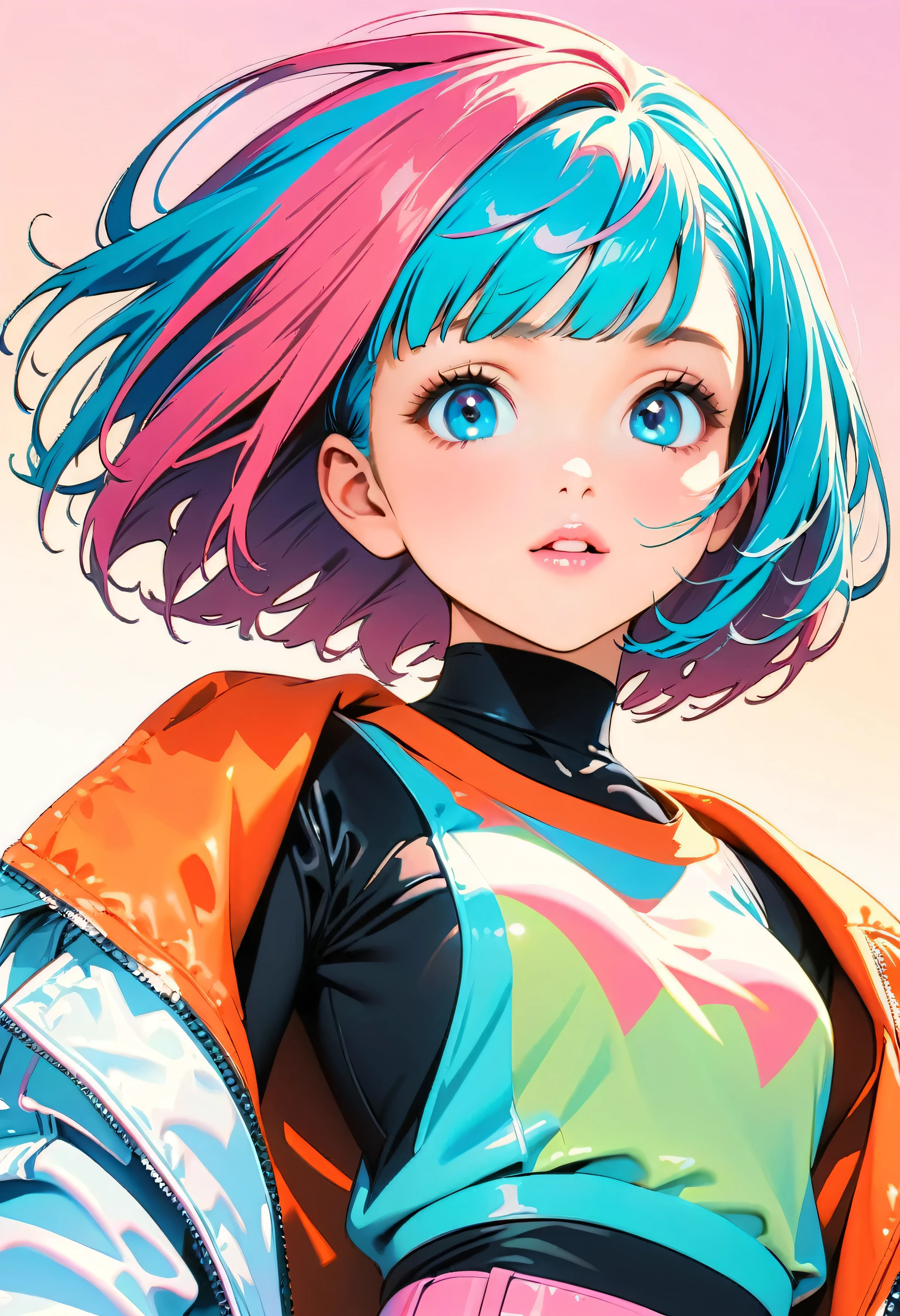 (highest quality:1.2, City Pop Style, Very detailed, up to date, Vibrant, High Contrast, masterpiece:1.2, highest quality, Best aesthetics), girl, ((Face Up Shot:1.4)), Colorful Hair, Bobcut, pastel colour, 1980s style, ((Retro, Vintage, Solid color background))