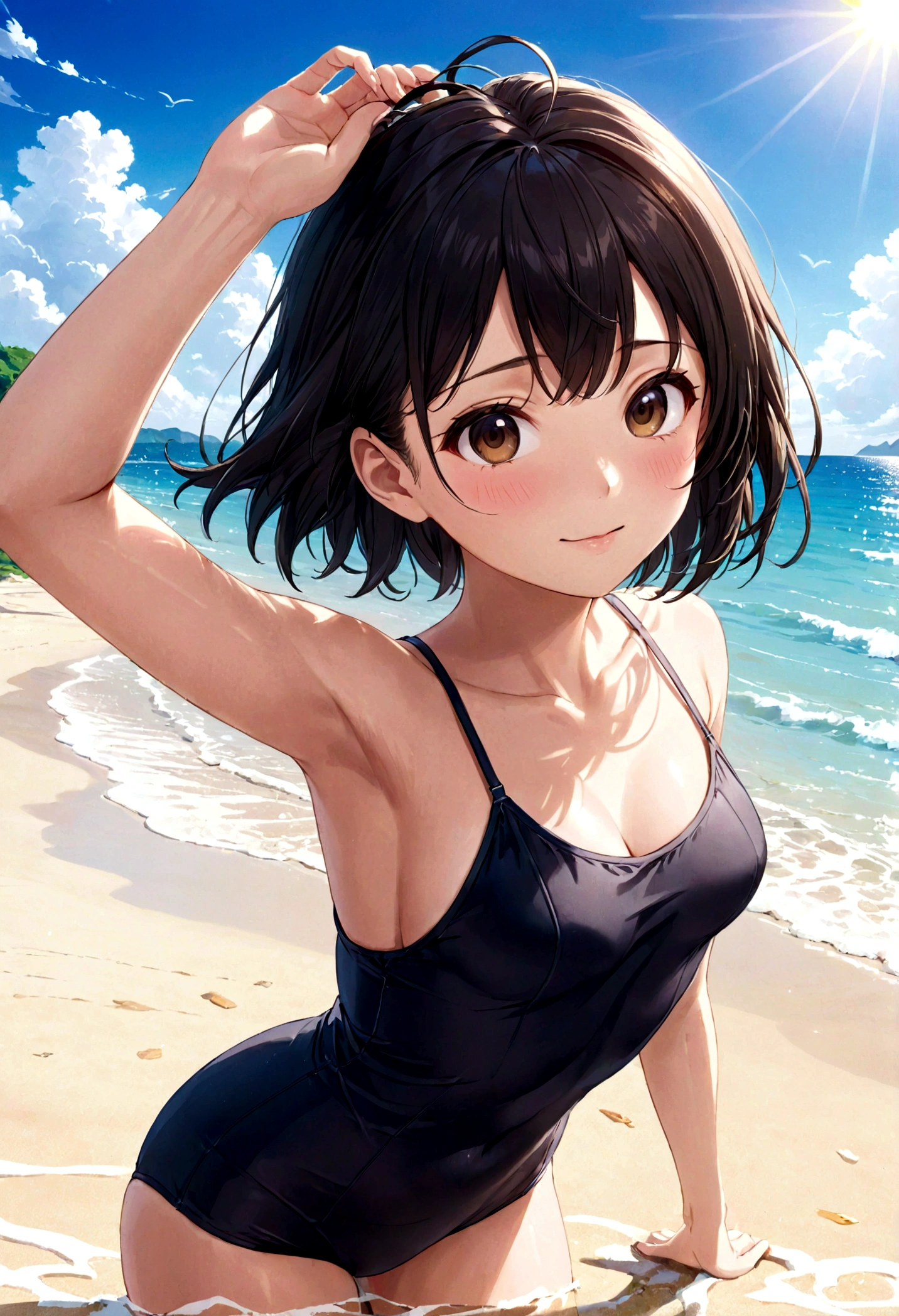 (Master quality)(Anime Style)(RAW Photos)High detail, Very detailed, Ultra HD Beautiful girl with short black hair having fun on an open beach, Surrounded by natural beauty, The warm sun shining on her, Sway gently in the breeze, Creates a playful atmosphere(Official Gravure)(Close-up shot 1.5)School Swimsuit