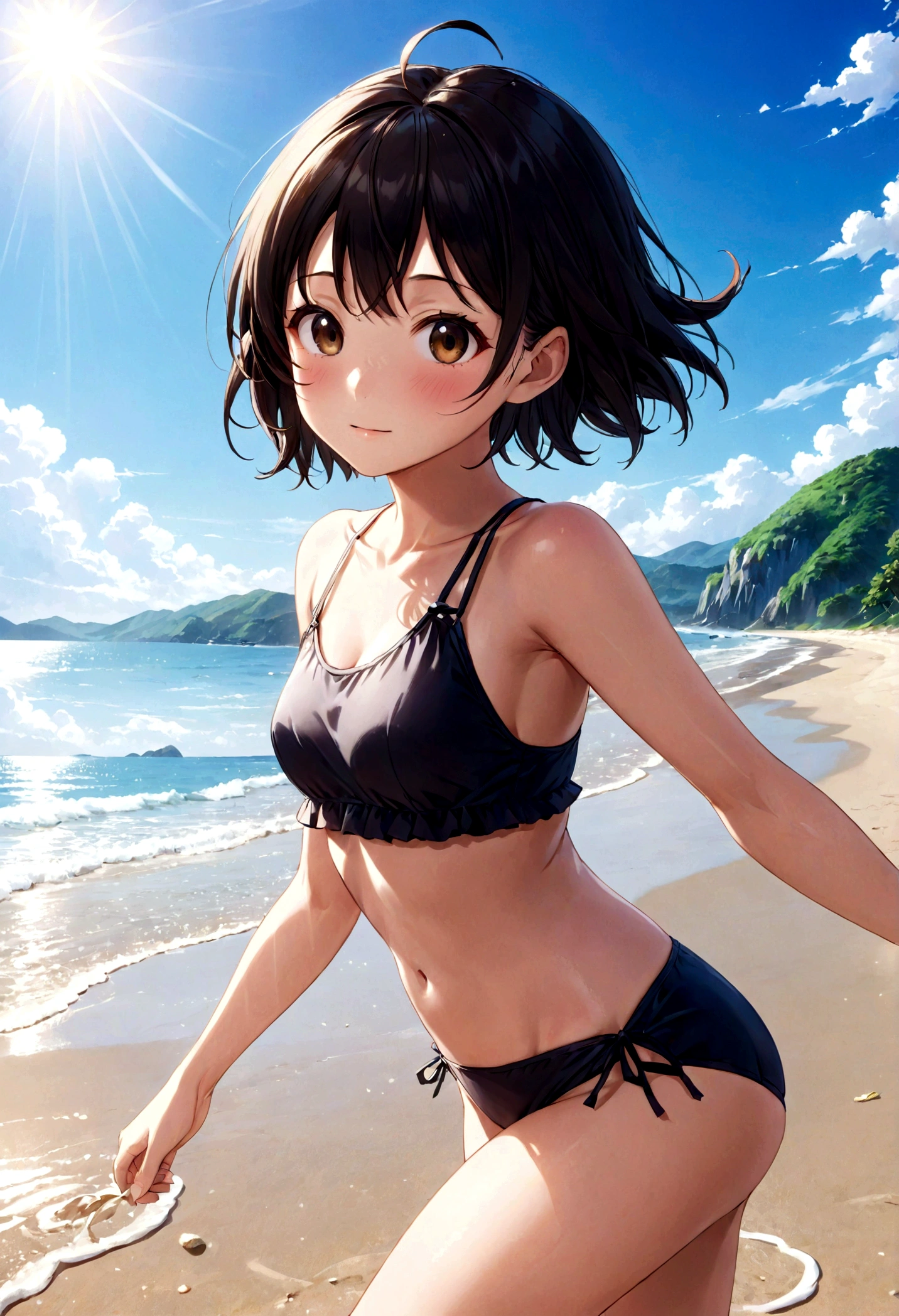 (Master quality)(Anime Style)(RAW Photos)High detail, Very detailed, Ultra HD Beautiful girl with short black hair having fun on an open beach, Surrounded by natural beauty, The warm sun shining on her, Sway gently in the breeze, Creates a playful atmosphere(Official Gravure)(Close-up shot 1.5)School Swimsuit