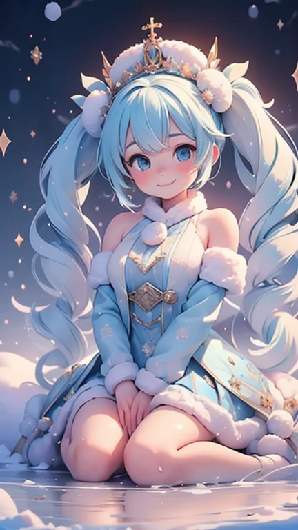 (masterpiece、highest quality、highest quality、Official Art、Beautiful and beautiful:1.2)、(One Girl:1.3)Hatsune Miku、Twin tails,Big Breasts,masterpiece, highest quality, Very detailed, water colored pencils, whole body, Gradation, Focus on the background, holy place, winter, pretty girl, One Girl, alone, Princess, Beautiful white hair, Beautiful white eyes, Beautiful Eyes, White skin, Crown, A light smile, Glitter effect, Ice effect, Snow effect