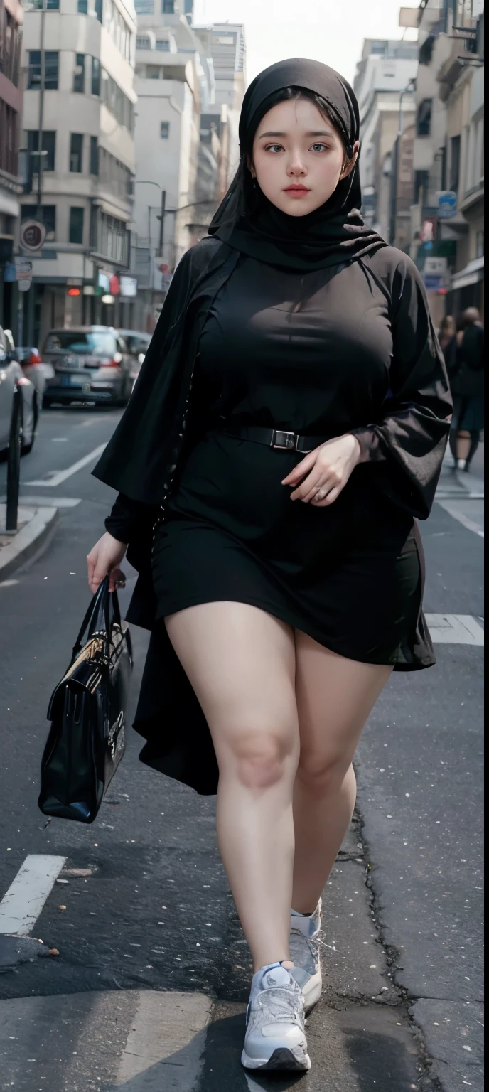 Milky white skin woman in black dress and hijab walking down the street, , hijab outfit, , hijab fashion model, plus size, plus size woman, , woman in black robes, beautiful woman, thicc, black outfit,, bbwchan , white sneakers , Height 170 cm, extra detailed beautiful face