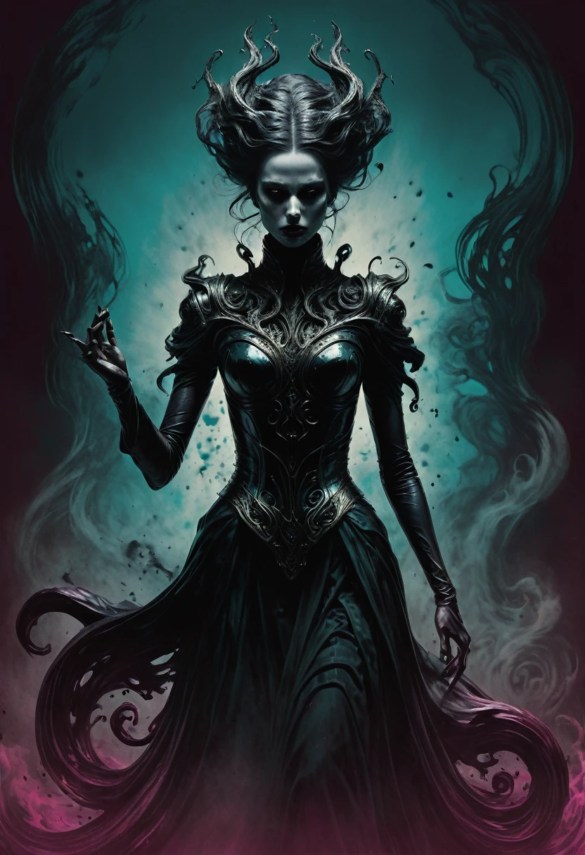 Concept art of a female horror character, enshrouded in flowing black ink that merges with her form, exuding an enigmatic and sophisticated presence. the image is photorealistic and detailed, reminiscent of a fluid gouache painting with calligraphic flourishes. the scene is lit with a combination of natural and volumetric lighting that casts dramatic highlights and shadows, emphasizing the complexity of the design. the style is fantastical and maximalist, with a mysterious and elegant atmosphere akin to a high-resolution professional photo. the background features a vibrant three-color gradient of teal, magenta, and gold, adding depth and variation to the composition.