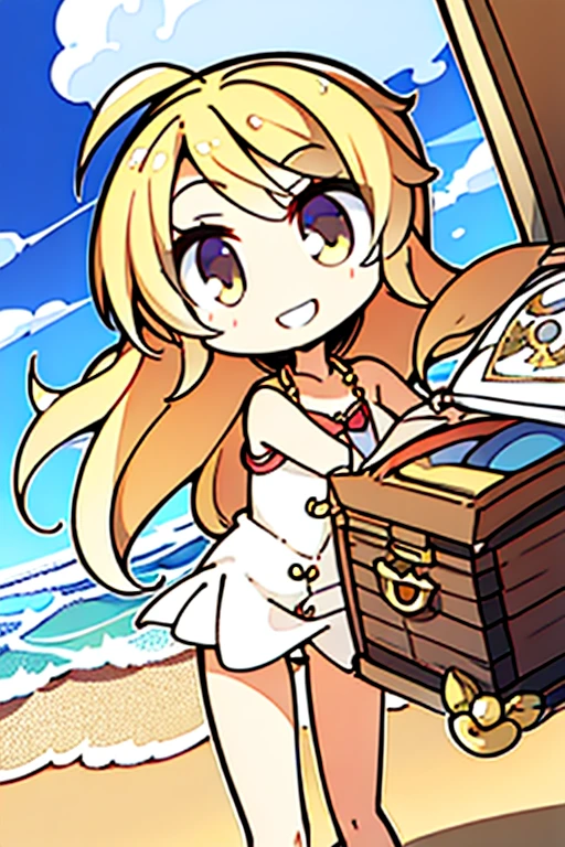 A golden-haired female angel with hazel eyes and an hourglass figure, wearing a conservative pirate's outfit is carrying a treasure chest with a triumphant grin on a tropical beach
