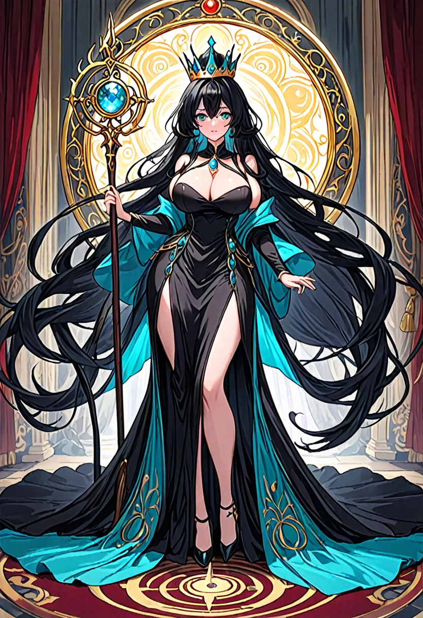 masterpiece, Very detailed, ultra detailed, One (1 woman), she is wearing a long thin black dress with red accents, with a slit on the legs, in her dragon hands she holds a long black wooden staff., which emits light blue energy with green undertones. Her crown was made of a material similar to black twigs and decorated with a light blue gemstOne. And in an elegant position, super mature, high, Mother, Mature mother, super long hair, Wavy hair, ultra black hair, Beautiful, charming, Heterochromia of the eyes (Left Eye Black, and in her right eye there is a golden magic circle, which rotate clockwise), hot look, hot, elegant, Huge breasts, big breasts (Huge, torn), cheerful breasts, Neutral person, charming, she stands in front of the royal drawing room, mysterious atmosphere.