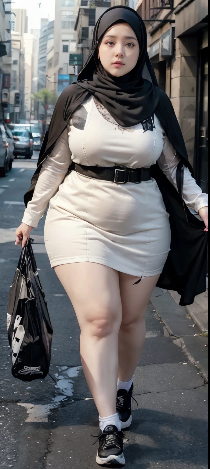 Milky white skin woman in black dress and hijab walking down the street, , hijab outfit, , hijab fashion model, plus size, plus size woman, , woman in black robes, beautiful woman, thicc, black outfit,, bbwchan , white sneakers , Height 170 cm, extra detailed beautiful face