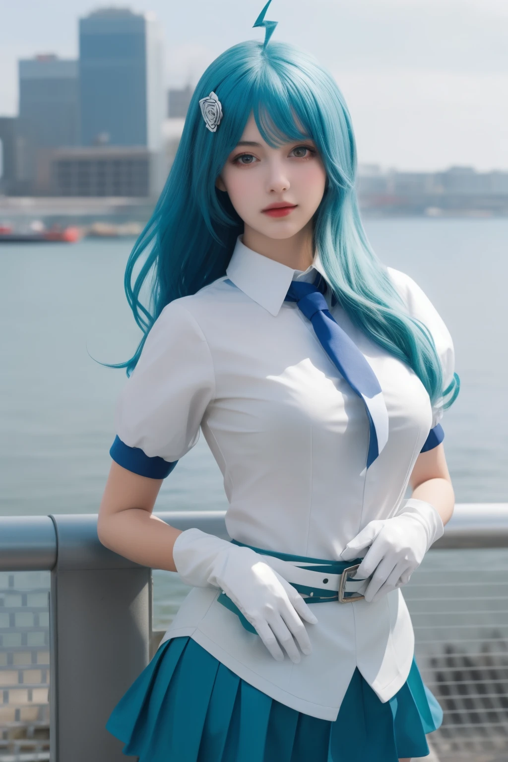 super detailed,very detailed,Best quality,masterpiece,illustration,realistic,photorealistic, 22 nannies, bile suit, 1 Girl, cosplay, One, sea green hair, long hair, hair ornament, ahoge, hair ribbon, collared shirt, puffy short sleeves, tie, belt, pleated skirt, gloves, I look at the viewer, standing, 1girl rests on the embankment fence, very very large breasts, realistic proportions, good anatomy, (realistic, hyperrealistic:1.4), good eyes, sexy, erotic