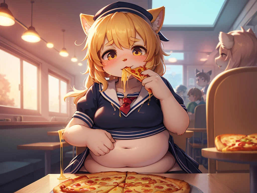 Hallucination, daydream , Bokeh , school Sailor , skirt , messy chubby girl , flat chest , Swollen face , Eating pizza with relish , yummy , diner , (dripping melted cheese)