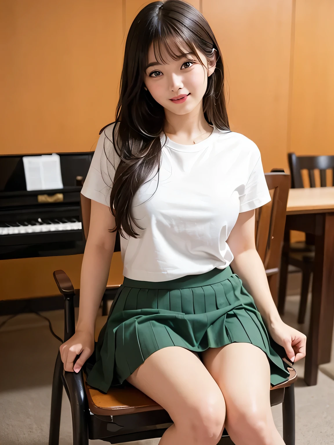 Shyness、smile、((Browsing Caution))、14 years old、((?????????))、((Female organ:1.1))、(masterpiece, Best image quality:1.2), 8k, beautiful girl, (When I lifted up my short green skirt, I can see her lower body.、I can see your ??????:1.8)、Short sleeveのピンク色のシャツ、Cute Face、 Pink Hair、Body Shot、、 (Navy Pleated Skirt:1.1)、Thighs、Short sleeve、smile、Orange wall、Tucked up skirt、Sitting in a chair、Thighs are visible、????