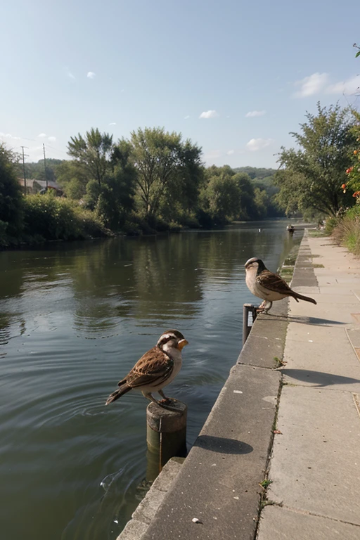 sparrows drinking water in the river