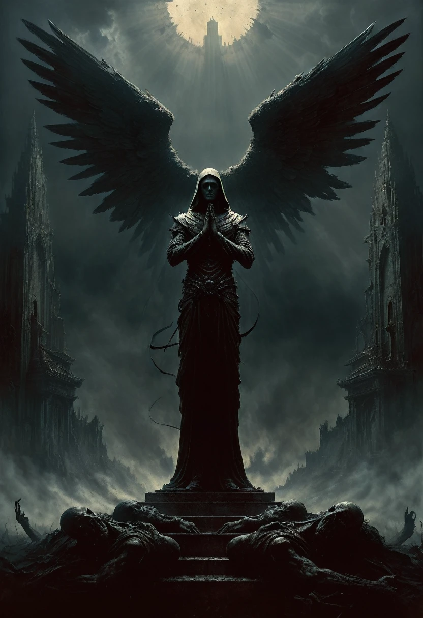 Frank frazetta, aykut aydogdu, pino daeni, charlie bowett, albert joseph penaud, ray caesar, tetsuya ishida. zdzislaw beksinski. a beautiful cinematic impressionistic painting. ((fallen angel praying with arms outstretched to heaven)) dark creepy horror, something out of this world with perfect composition, beautiful detailed intricate insanely detailed octane render, artstation trends, 8k art photography, photorealistic concept art, software natural volumetric cinematic perfect light, chiaroscuro, award winning photography, masterpiece, oil on canvas, ultra hd, realistic, vibrant colors, high detailing, uhd art, pen and ink, perfect composition, beautiful detailed insanely detailed octane rendering, artstation trends, 8k art photography, photorealistic concept art, soft natural 3d cinematic perfect light