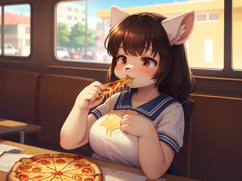 Hallucination, daydream , Bokeh , school Sailor , skirt , messy chubby girl , flat chest , Swollen face , Eating pizza with relish , yummy , diner , (dripping melted cheese)