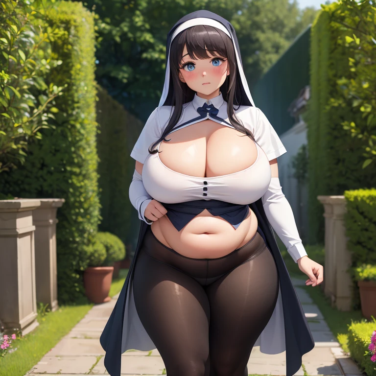 ((High resolution)), masterpiece, high quality, 最high quality, beautiful, Perfect lighting, Detailed face, Super cute face,, ((One girl)), ((alone)), Fluffy hair, Long Hair, blue eyes, ((blush)), Embarrassing, Nervous, shy, View Viewer, Nuns,Black tights, (Thick thighs), (Wide Hips), ((Chubby)), (Chubby belly), Cleavage, ((Big Breasts)), 20-year-old female, standing in a garden, (garden), Daytime,((chubby))