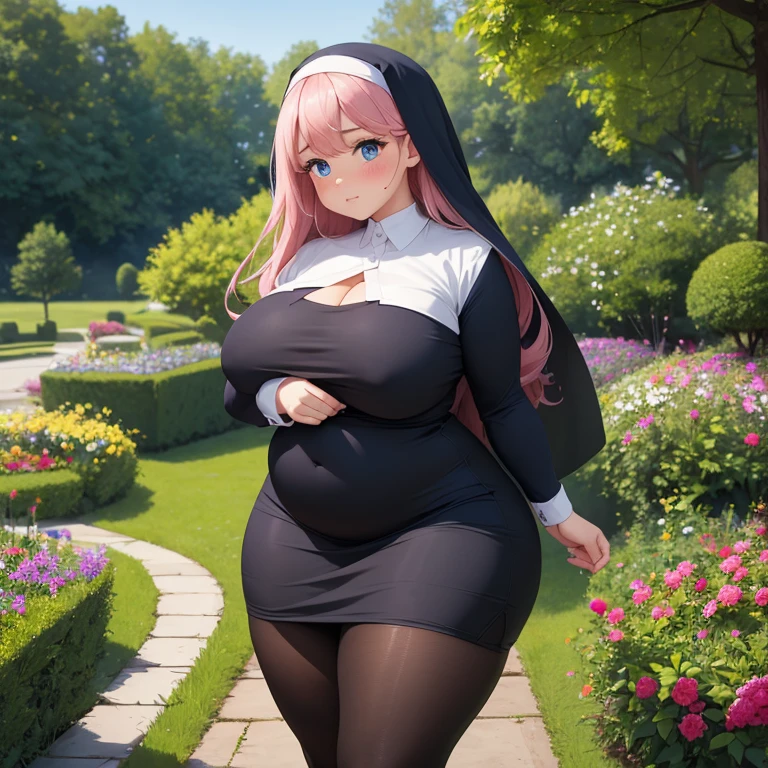 ((High resolution)), masterpiece, high quality, 最high quality, beautiful, Perfect lighting, Detailed face, Super cute face,, ((One girl)), ((alone)), Fluffy hair, Long Hair, blue eyes, ((blush)), Embarrassing, Nervous, shy, View Viewer, Nuns,Black tights, (Thick thighs), (Wide Hips), ((Chubby)), (Chubby belly), Cleavage, ((Big Breasts)), 20-year-old female, standing in a garden, (garden), Daytime,((chubby))