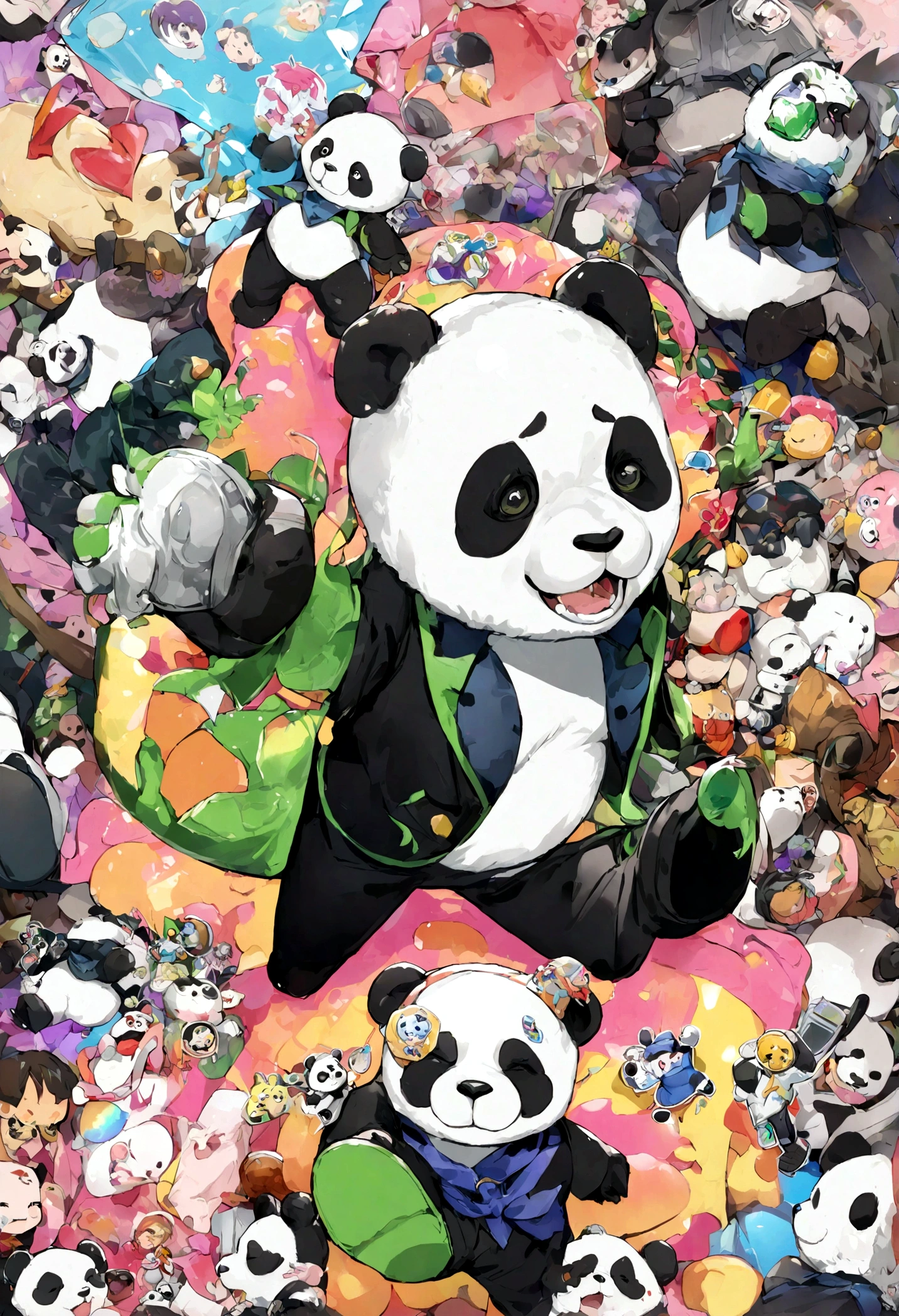 anthropomorphic panda, de cuerpo entero, vestido formalmente con un blazer, sostiene una bandeja, pegatina de panda, sticker de panda.