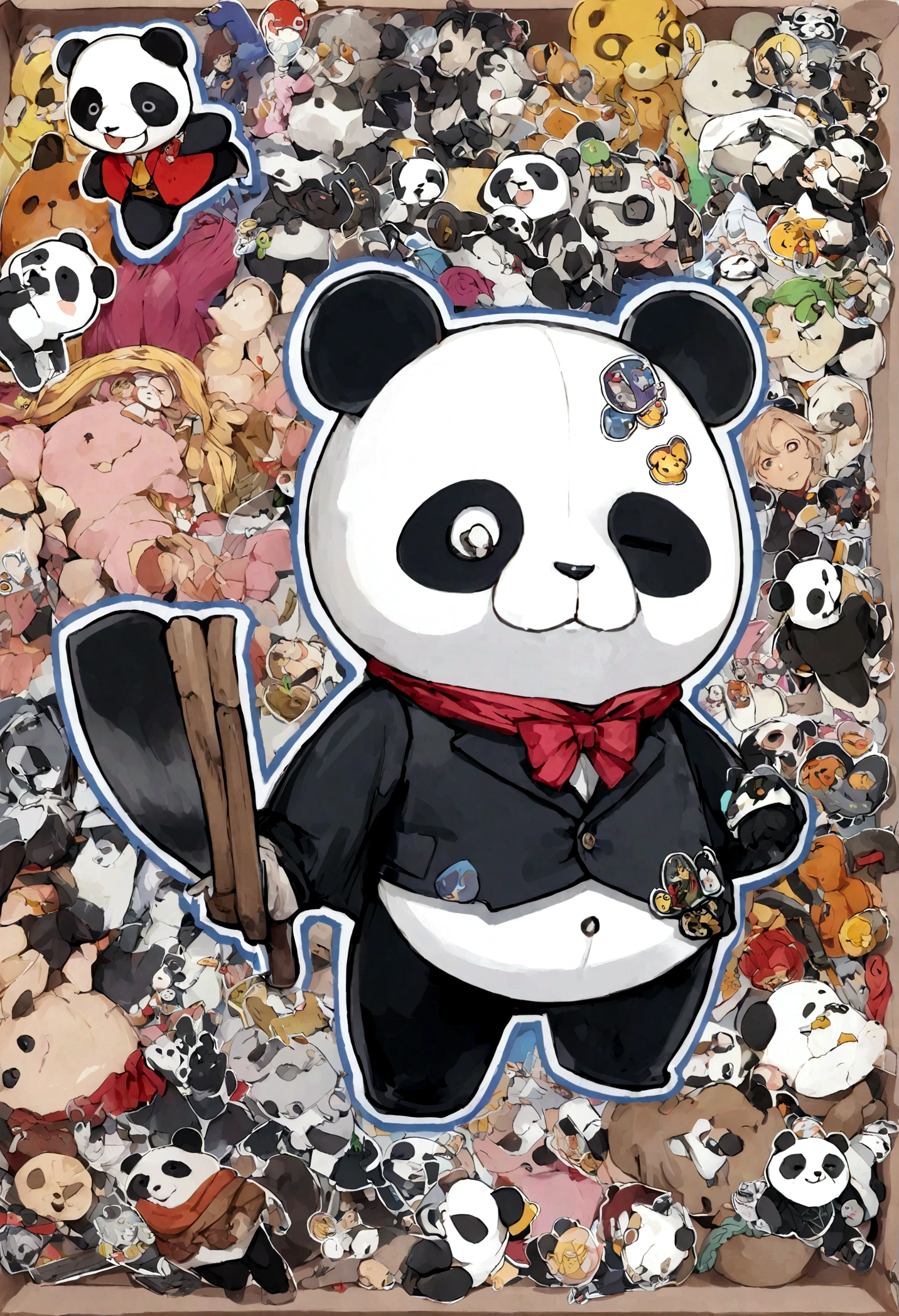 anthropomorphic panda, de cuerpo entero, vestido formalmente con un blazer, sostiene una bandeja, pegatina de panda, sticker de panda.