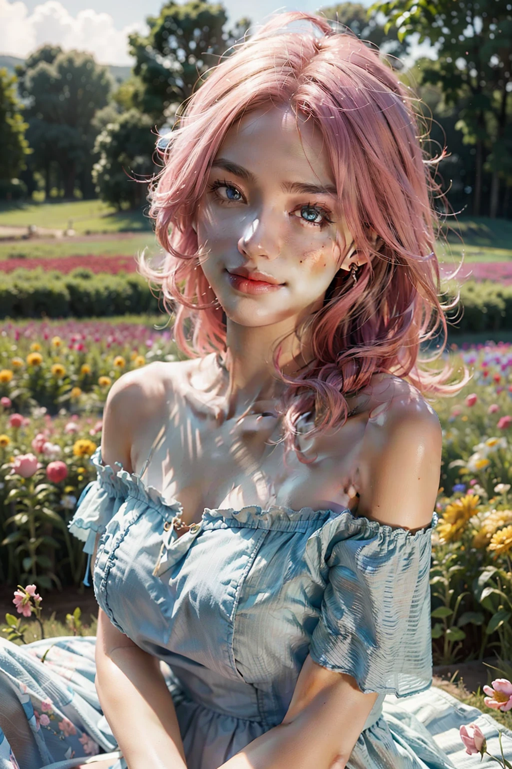 best quality, Masterpiece, Ultra high resolution, (realistic:1.4), raw photos, 1 girl, blue dress, off shoulder, Field of blooming flowers, Glowing skin, Smiling softly, pink hair