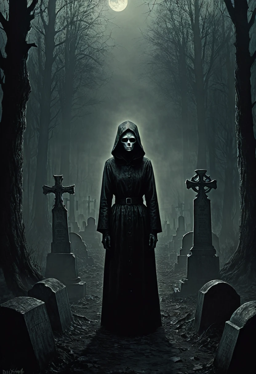 Dark dark scary forest. village of the damned. old gloomy cemetery next to the village, dark, dark, grainy, eerie environment. creepypasta is a scary entity in the form of a woman with very big eyes, a very sad sad look, perfect eyes, of the best quality. gritty urban street art, dark character. in the style of frank frazetta, aykut aydogdu, pino daeni, charlie bowett, albert joseph penaud, ray caesar, tetsuya ishida. zdzislaw beksinski.