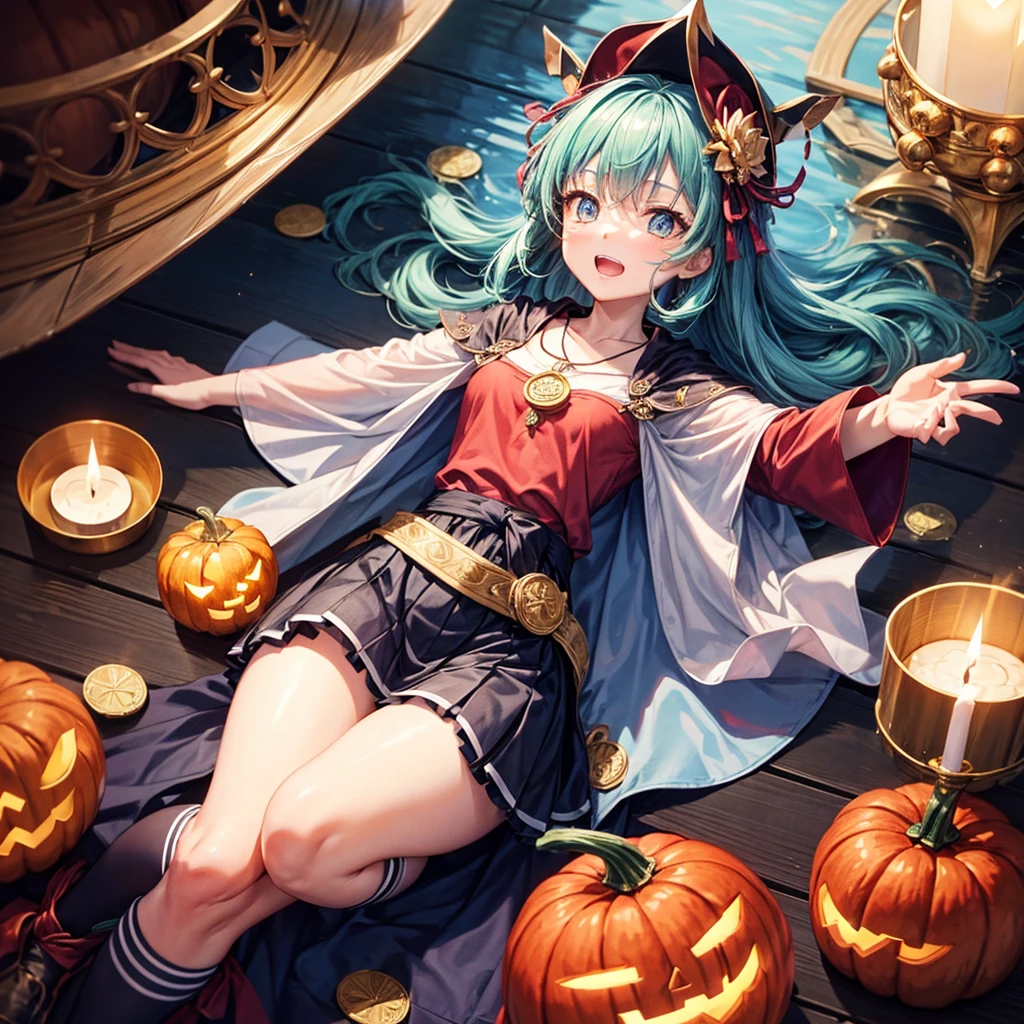 Aqua blue hair、Golden Eyes、Braid、One good looking girl、solo、anime、Checkered mini skirt、Ruffles on the skirt、Red T-shirt、Cape、Gothic、Black knee-high socks、bandana、Fluffy clothes、Wearing a ribbon、Ribbon on waist、Tilting face、Teeth are visible、Sunset sky、Piercing the clouds、Contrail、lotus leaves、Cumulonimbus、Pillar of Light、candle fire、Silver coin necklace、A world of light、Spreading his arms for balance、Pumpkin hat、shine、From above