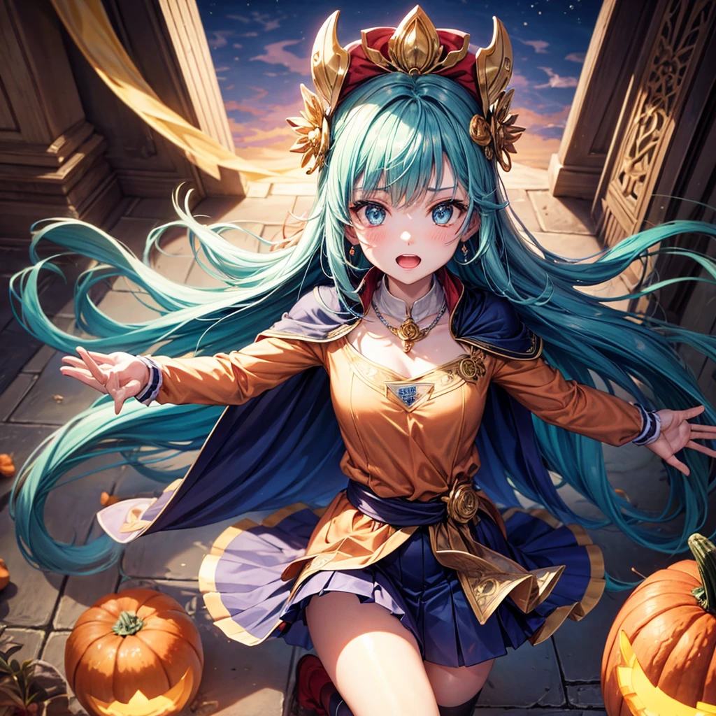 Aqua blue hair、Golden Eyes、Braid、One good looking girl、solo、anime、Checkered mini skirt、Ruffles on the skirt、Red T-shirt、Cape、Gothic、Black knee-high socks、bandana、Fluffy clothes、Wearing a ribbon、Ribbon on waist、Tilting face、Teeth are visible、Sunset sky、Piercing the clouds、Contrail、lotus leaves、Cumulonimbus、Pillar of Light、candle fire、Silver coin necklace、A world of light、Spreading his arms for balance、Pumpkin hat、shine、From above