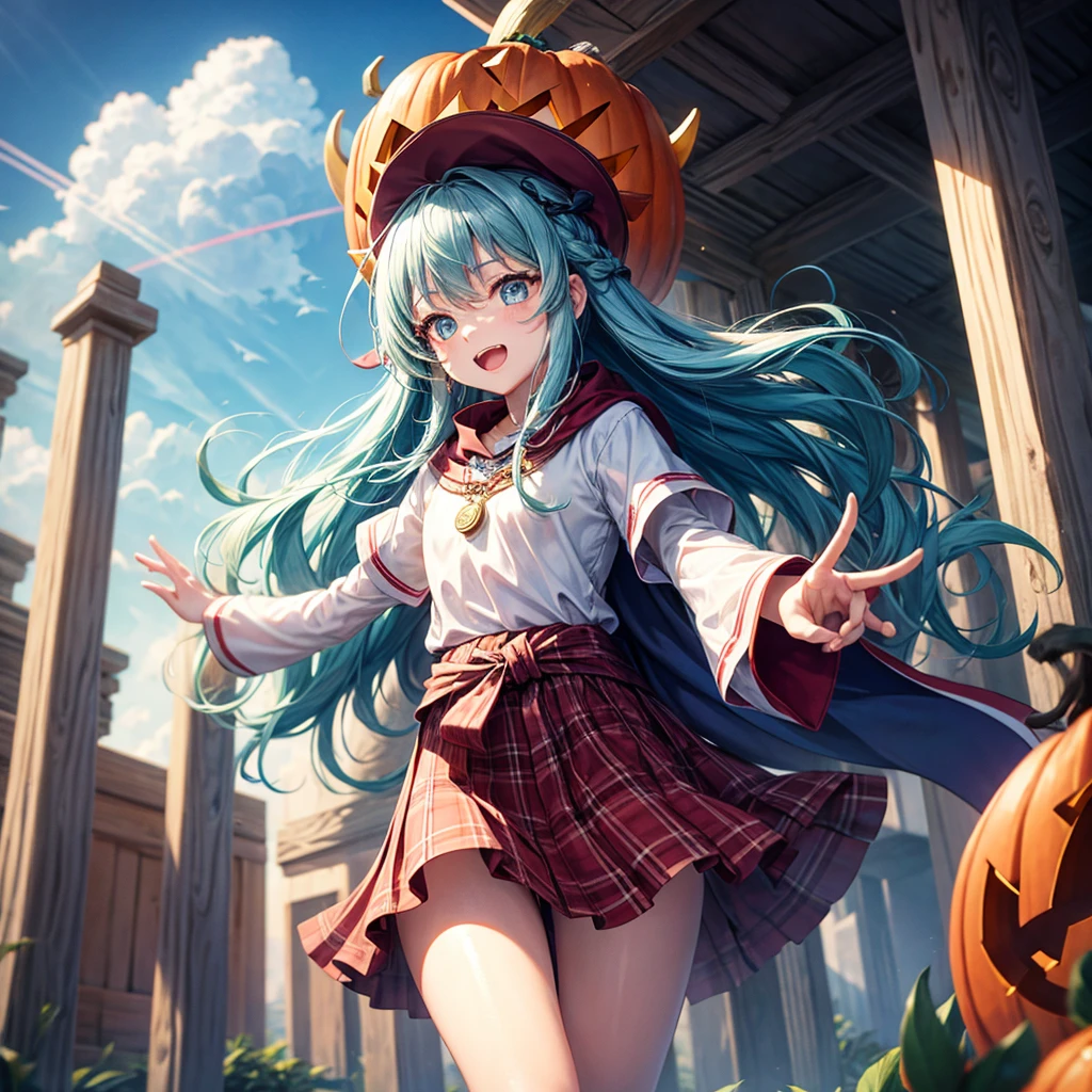 Aqua blue hair、Golden Eyes、Braid、One good looking girl、solo、anime、Checkered mini skirt、Ruffles on the skirt、Red T-shirt、Cape、Gothic、Black knee-high socks、bandana、Fluffy clothes、Wearing a ribbon、Ribbon on waist、Tilting face、Teeth are visible、Sunset sky、Piercing the clouds、Contrail、lotus leaves、Cumulonimbus、Pillar of Light、candle fire、Silver coin necklace、A world of light、Spreading his arms for balance、Pumpkin hat、shine、From above