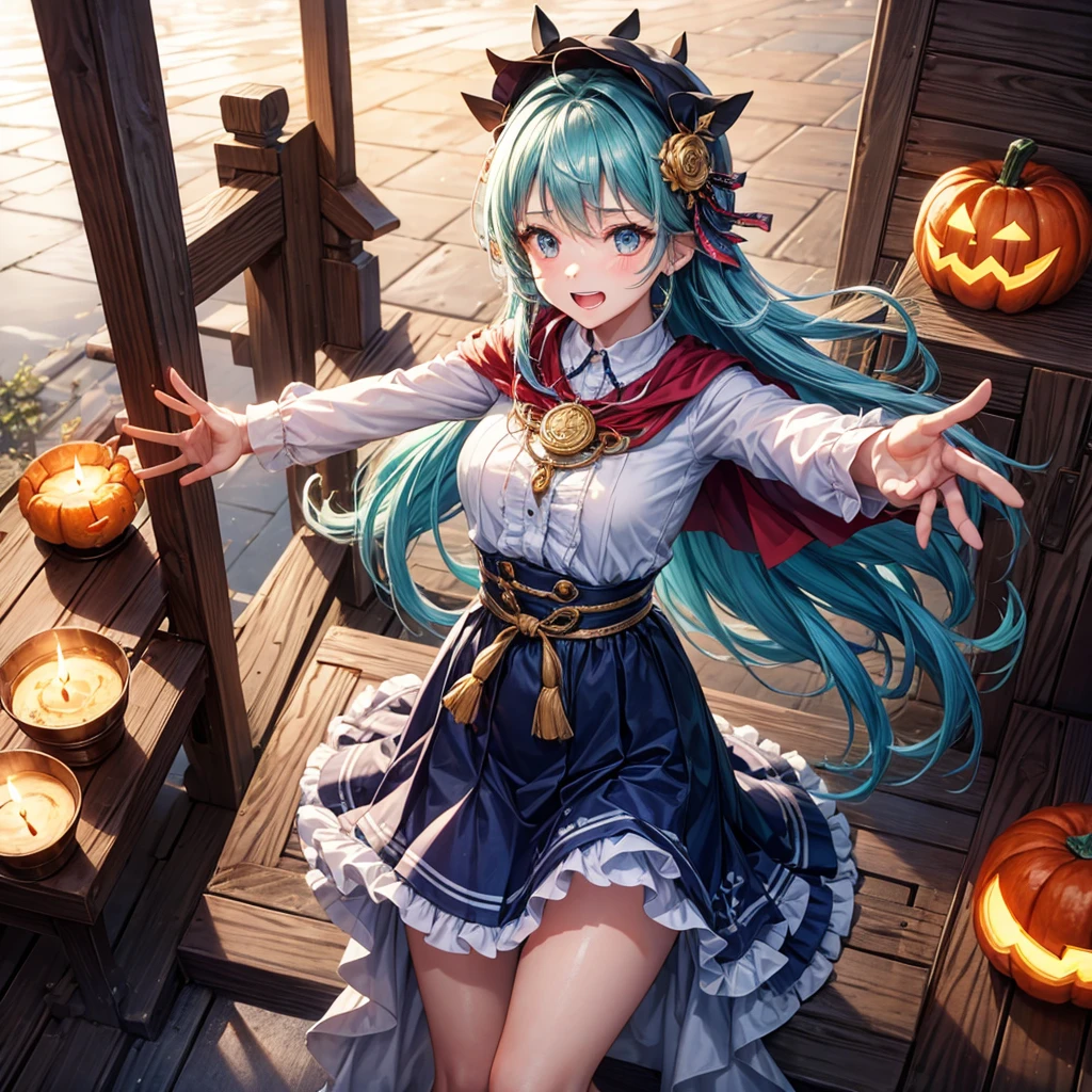 Aqua blue hair、Golden Eyes、Braid、One good looking girl、solo、anime、Checkered mini skirt、Ruffles on the skirt、Red T-shirt、Cape、Gothic、Black knee-high socks、bandana、Fluffy clothes、Wearing a ribbon、Ribbon on waist、Tilting face、Teeth are visible、Sunset sky、Piercing the clouds、Contrail、lotus leaves、Cumulonimbus、Pillar of Light、candle fire、Silver coin necklace、A world of light、Spreading his arms for balance、Pumpkin hat、shine、From above