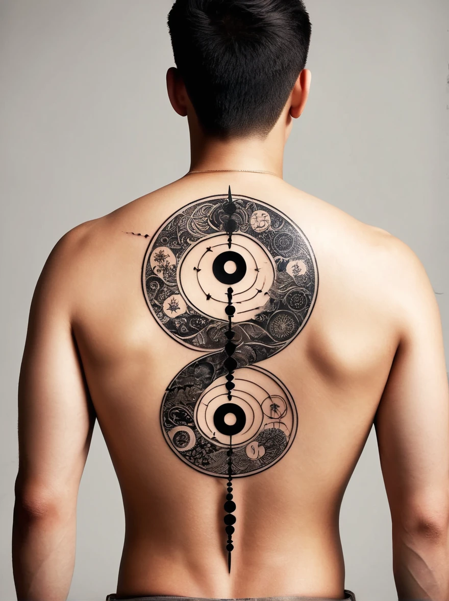 (A simple back tattoo design for men:1.3),View from behind,(The tattoo across the back incorporates the concept of yin and yang),Biology and International Business,(This tattoo design centers around the Yin Yang symbol,Surrounded by biological symbols such as DNA helix or microorganisms),Elements that suggest international business can also be interwoven into the design,For example, a globe,Different currency symbols or stylized bar graphs