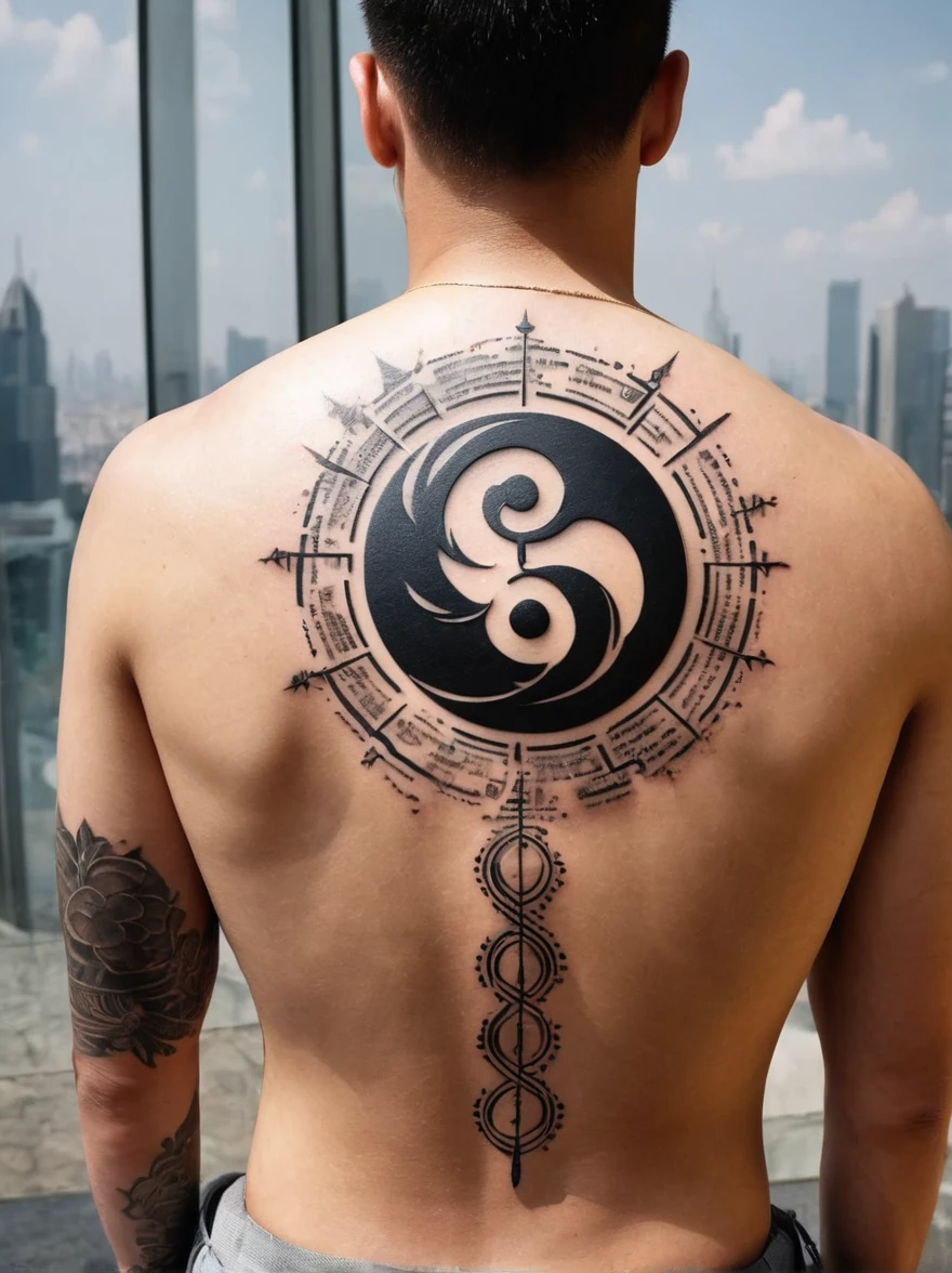 (A simple back tattoo design for men:1.3),View from behind,(The tattoo across the back incorporates the concept of yin and yang),Biology and International Business,(This tattoo design centers around the Yin Yang symbol,Surrounded by biological symbols such as DNA helix or microorganisms),Elements that suggest international business can also be interwoven into the design,For example, a globe,Different currency symbols or stylized bar graphs