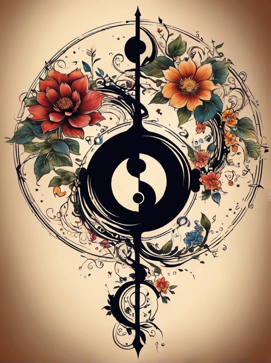 (A simple back tattoo design for men:1.3)，View from behind，(The tattoo across the back incorporates the concept of yin and yang)，Biology and International Business，(This tattoo design centers around the Yin Yang symbol，Surrounded by biological symbols such as DNA helix or microorganisms)，Elements that suggest international business can also be interwoven into the design，For example, a globe，Different currency symbols or stylized bar graphs